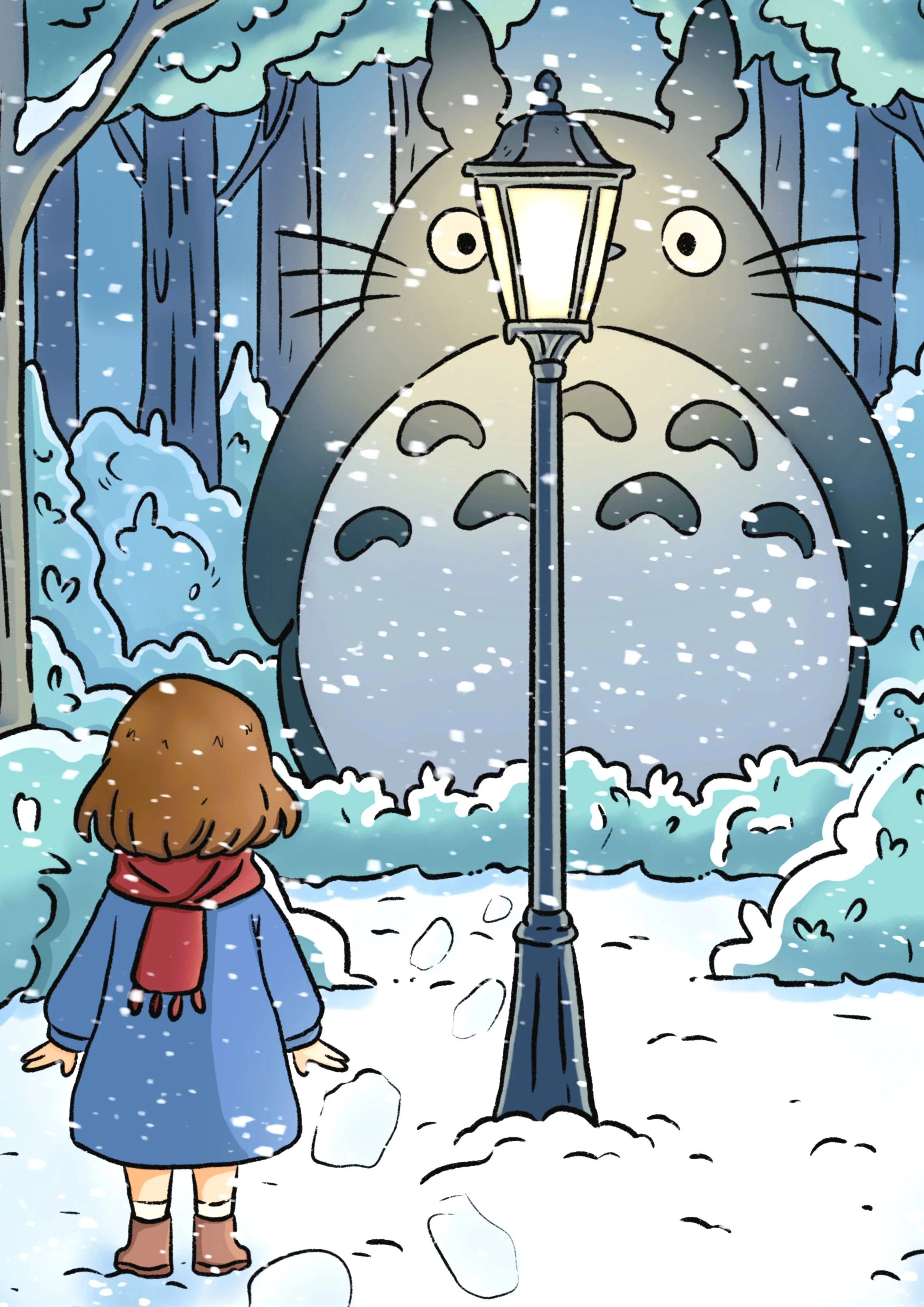 Lucy stands by the glowing lamppost in snowy Narnia, staring at huge footprints leading into the forest where Totoro’s faint silhouette appears in soft drifting winter lamplight.
