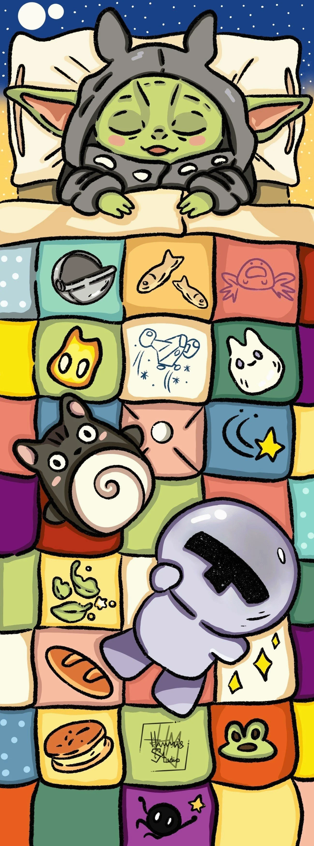 A cute cartoon illustration of a baby Yoda character sleeping in bed, wearing a Totoro pajama costume, eyes closed and arms crossed, cozy and peaceful.