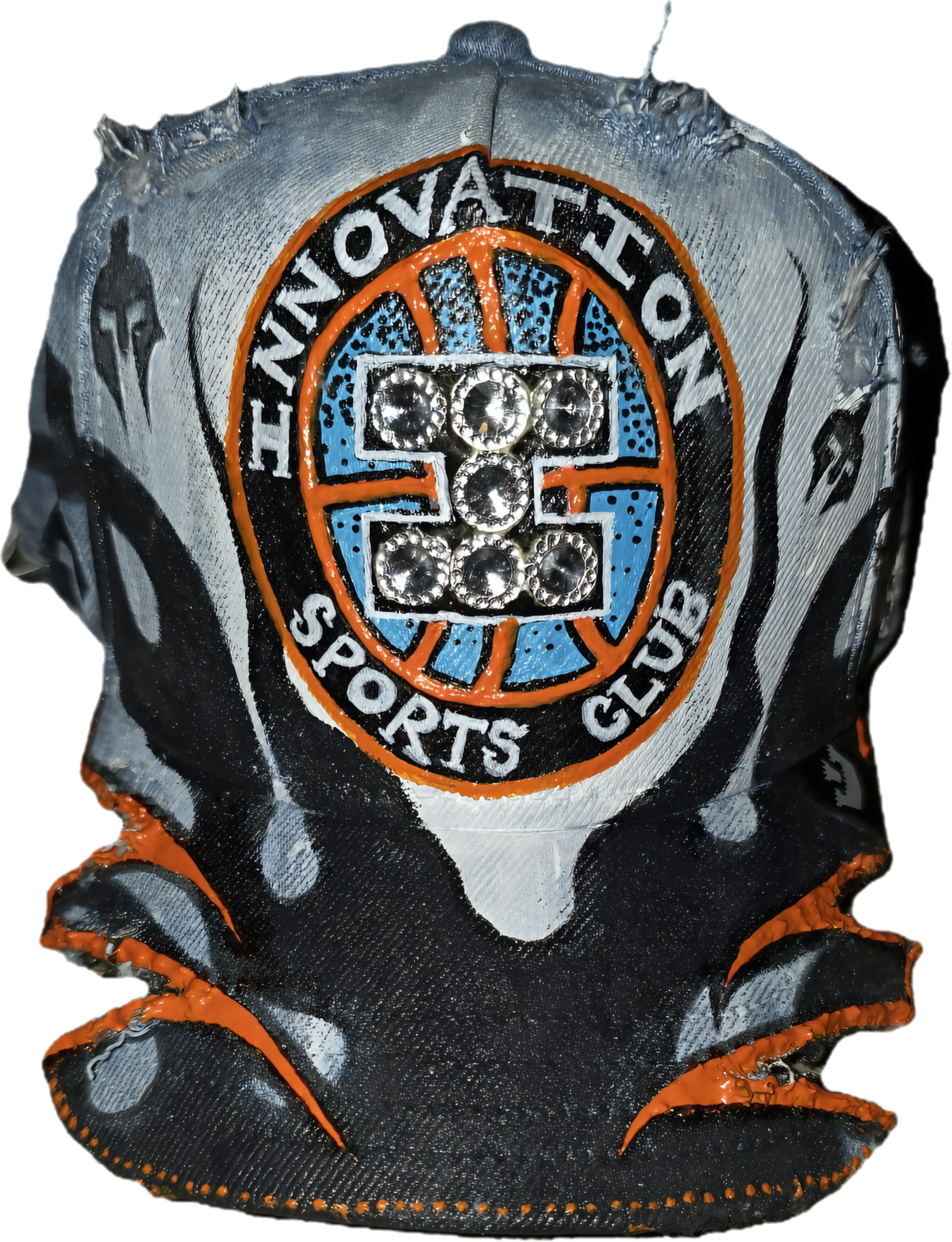 A black t-shirt with the Boston Bruins logo featuring a orange, black, and white emblem with rhinestones, with the words "The Innovation Sports Club" around it.