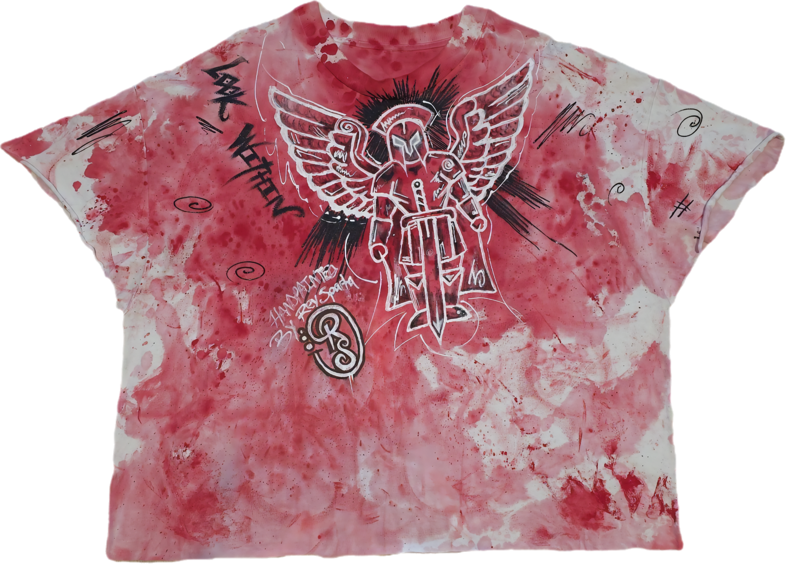 Red and white tie-dye t-shirt with a large, white, black, and red graphic of a winged knight with a sword at the center, surrounded by various handwritten words and symbols.