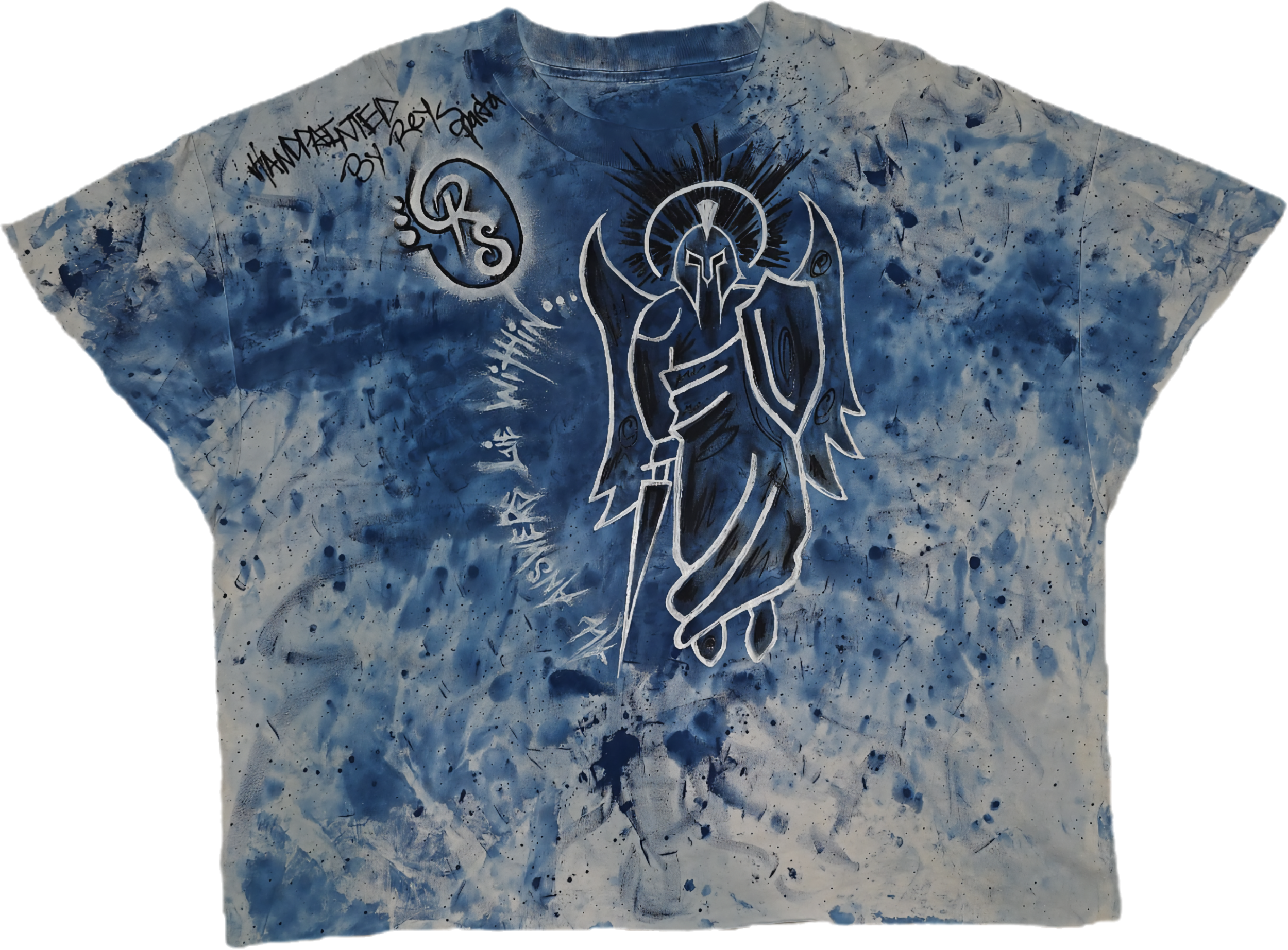 Blue tie-dye T-shirt featuring a white outline drawing of a knight with a sword, a halo, and armor, with handwritten text and symbols around the design.
