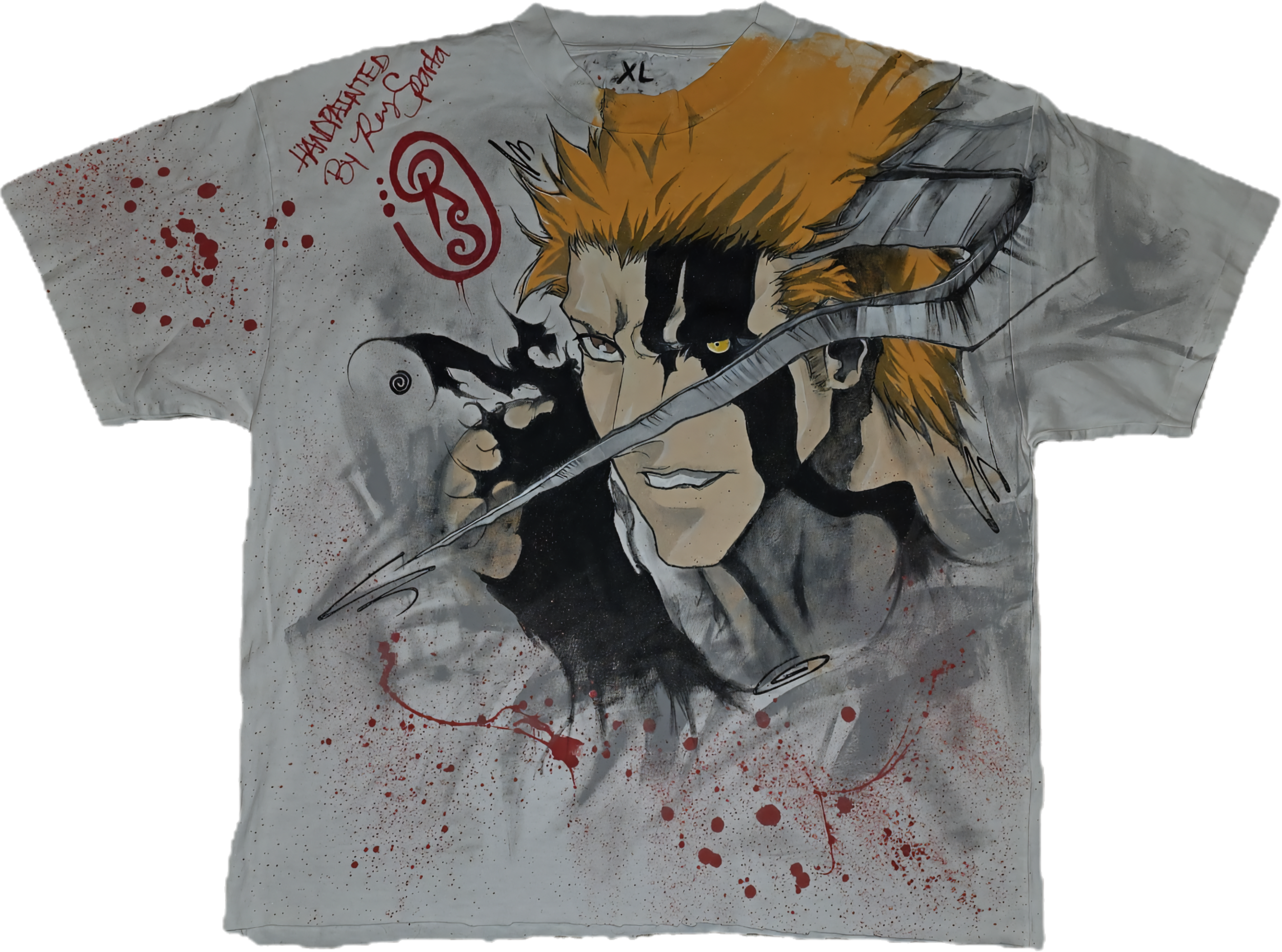 A white T-shirt with a painted graphic of a character with orange spiky hair, black markings around the eyes, holding a sword, with red splatters and handwritten text in red and black.