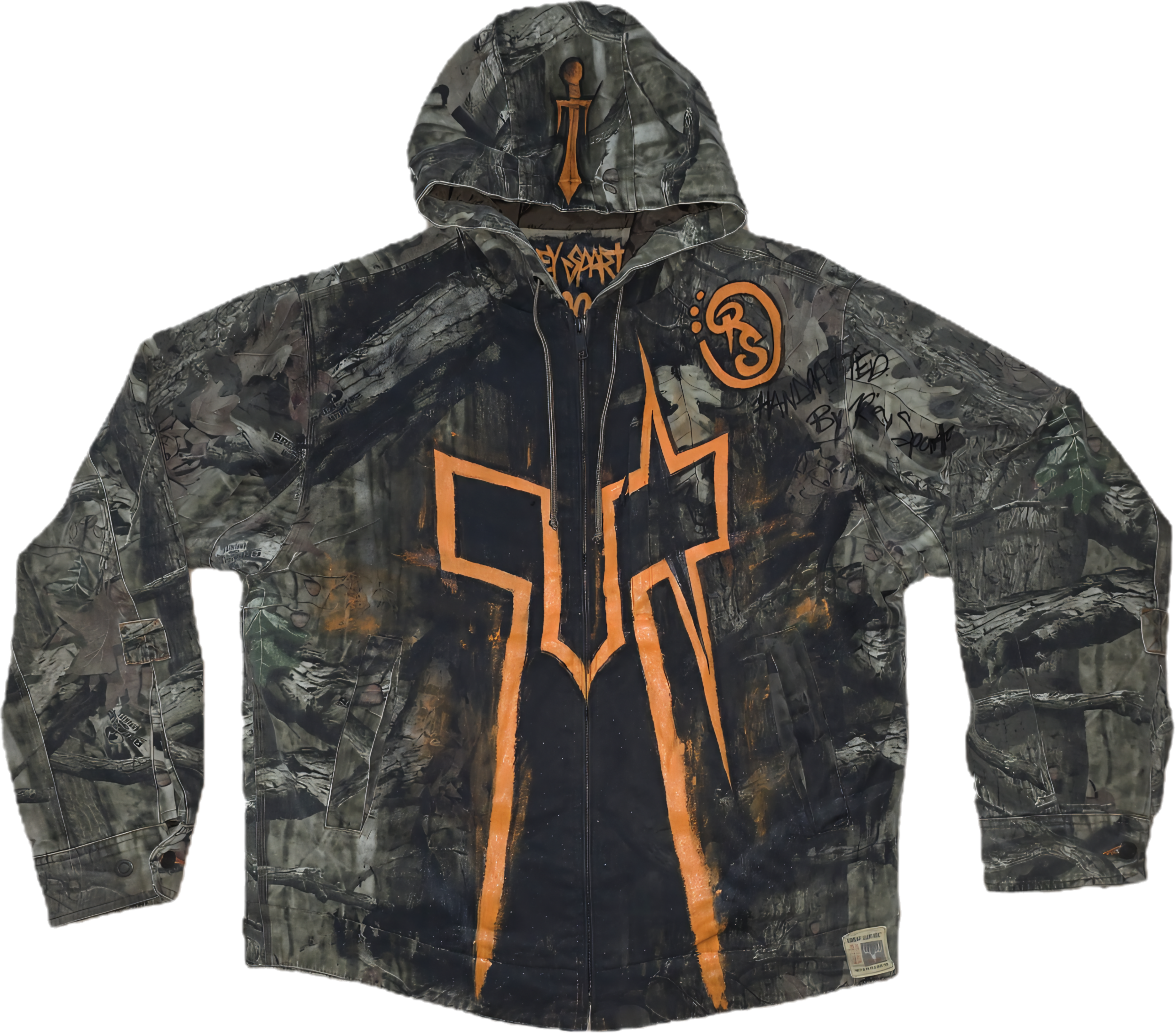 Camouflage jacket with an orange and black graphic design on the front, graffiti-style writings, patches, and a camo pattern.