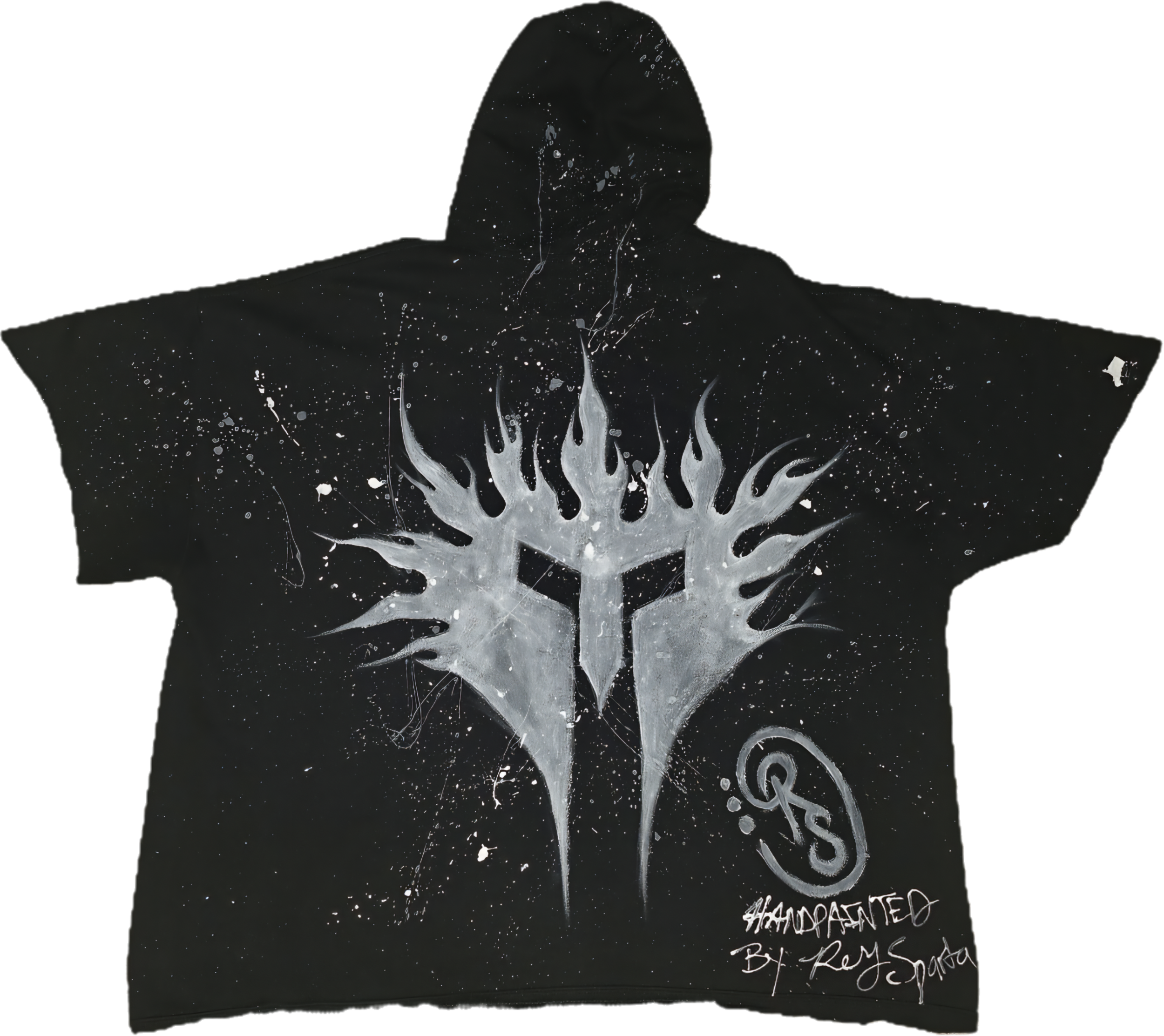 Black hooded sweatshirt featuring a white graphic design of a stylized shield with flaming details and a signature at the bottom that reads 'HANDPAINTED BY Rey Sparta'.