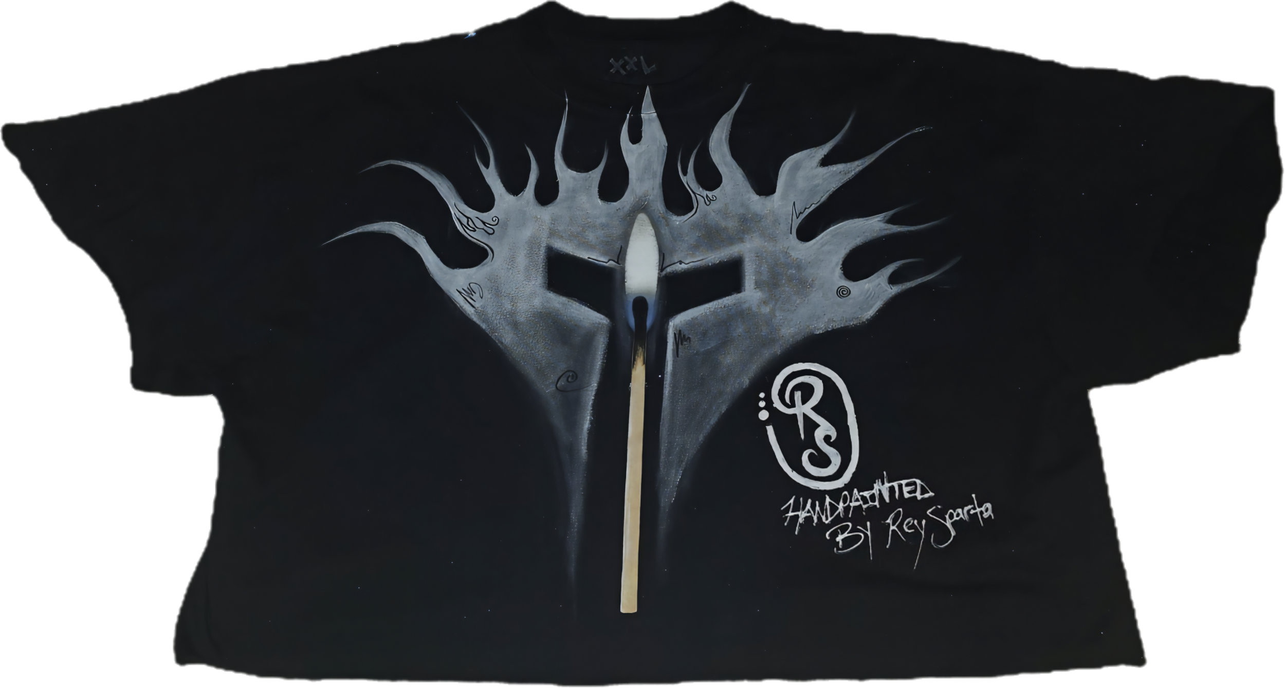Black T-shirt with a painted design featuring a white candle in the shape of a front-facing eye, surrounded by stylized flame-like patterns in white and gray, with the text 'Handpainted by Rey Sparta' underneath.