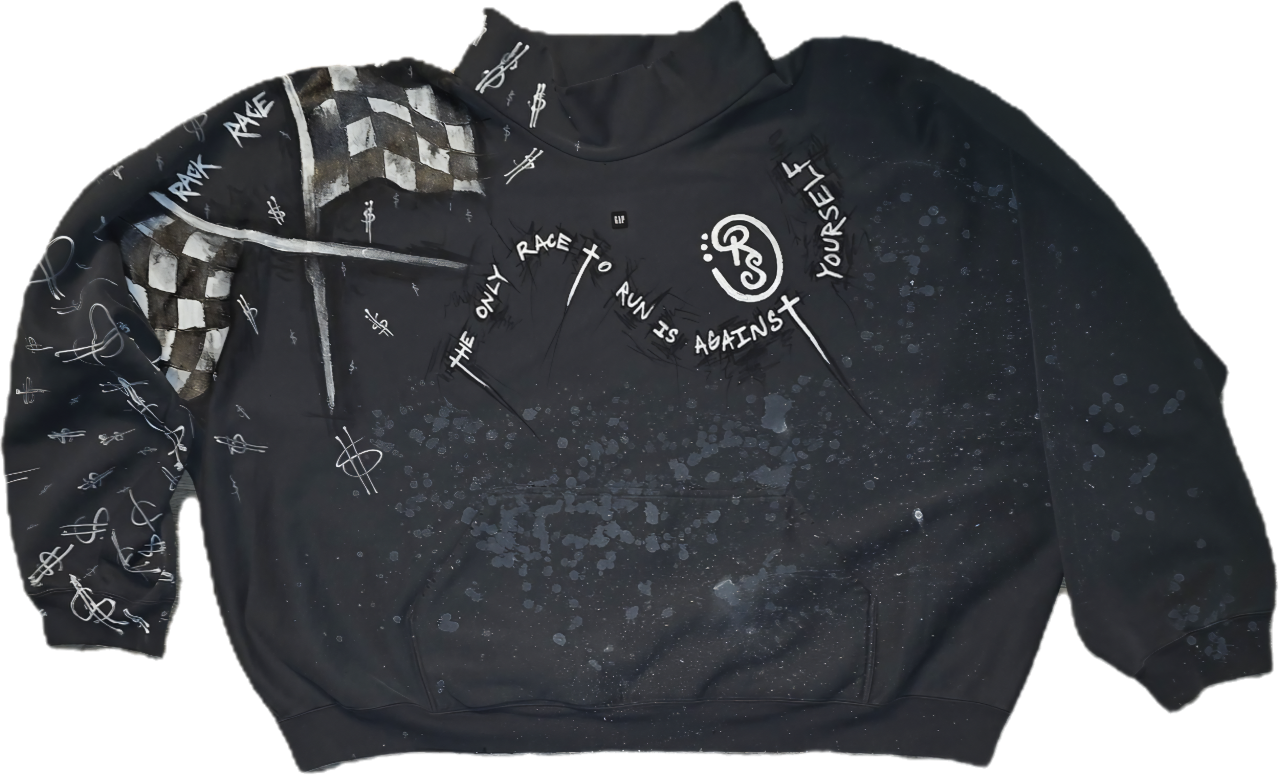 Black racing jacket with checkerboard pattern on shoulder, white scribbles of dollar signs and race quotes, and white paint splatters.