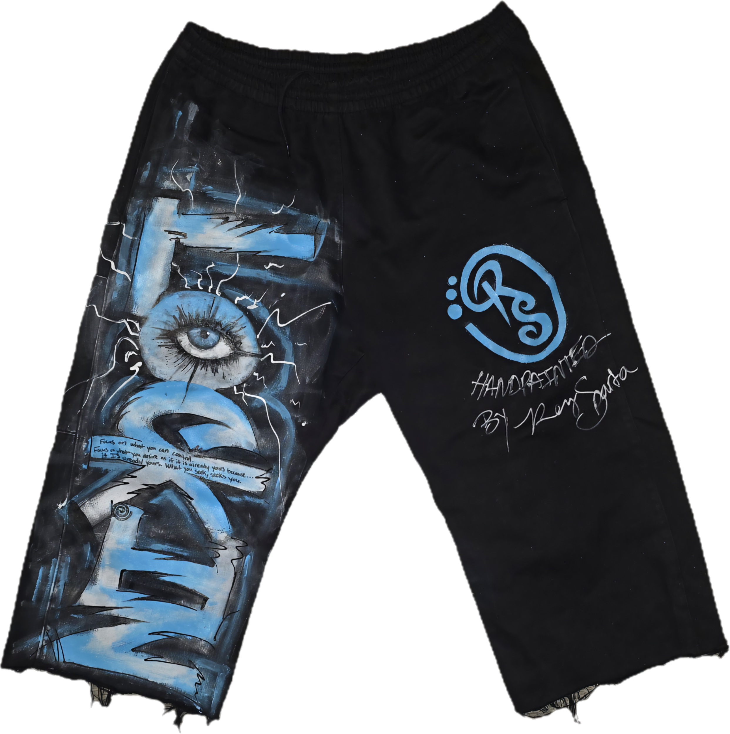 Black sweatpants with blue and white graffiti art including an eye, a face, and various abstract designs, with handwritten text and a blue logo.