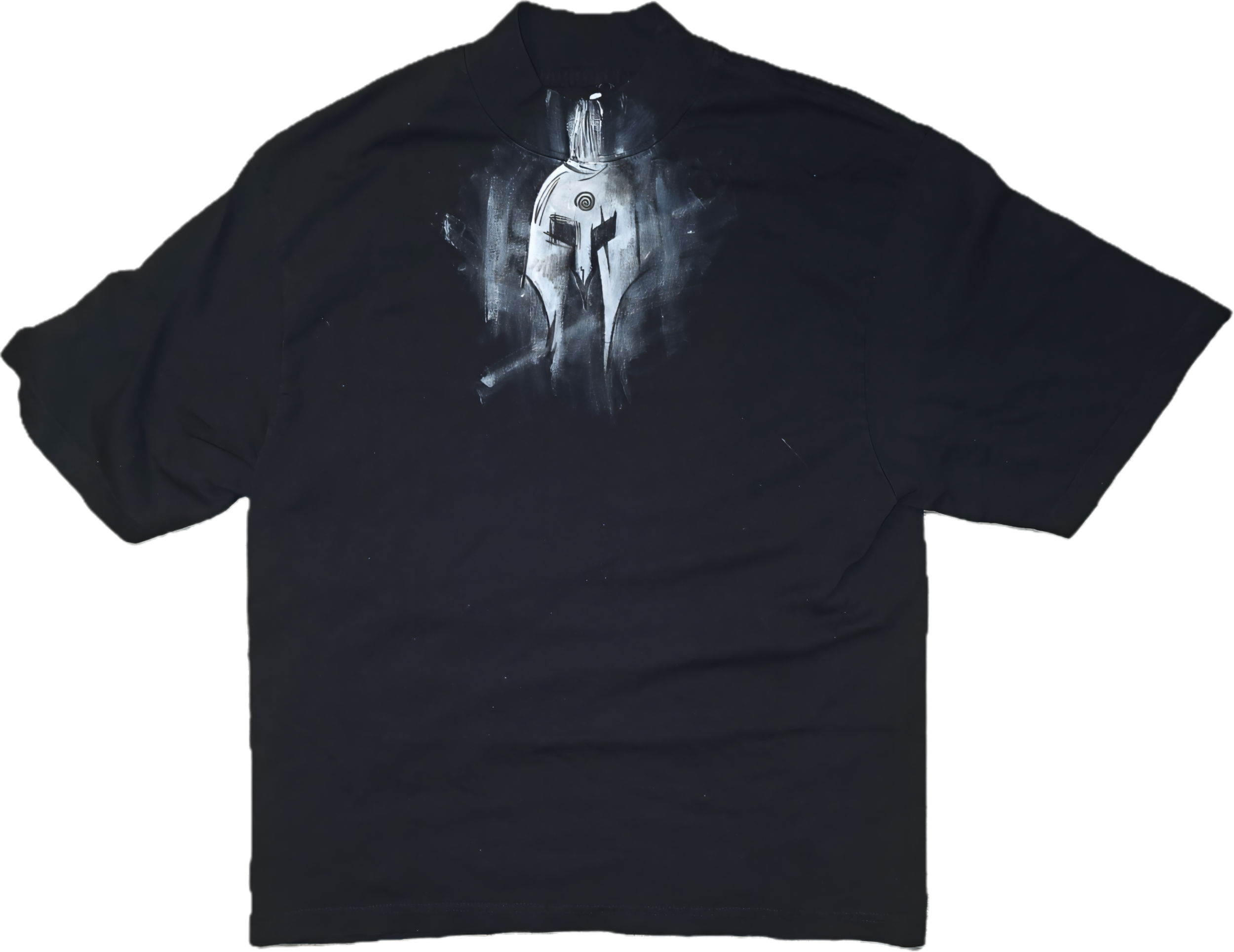Black shirt with a white and gray graphic design of a helmeted warrior's head on the front.