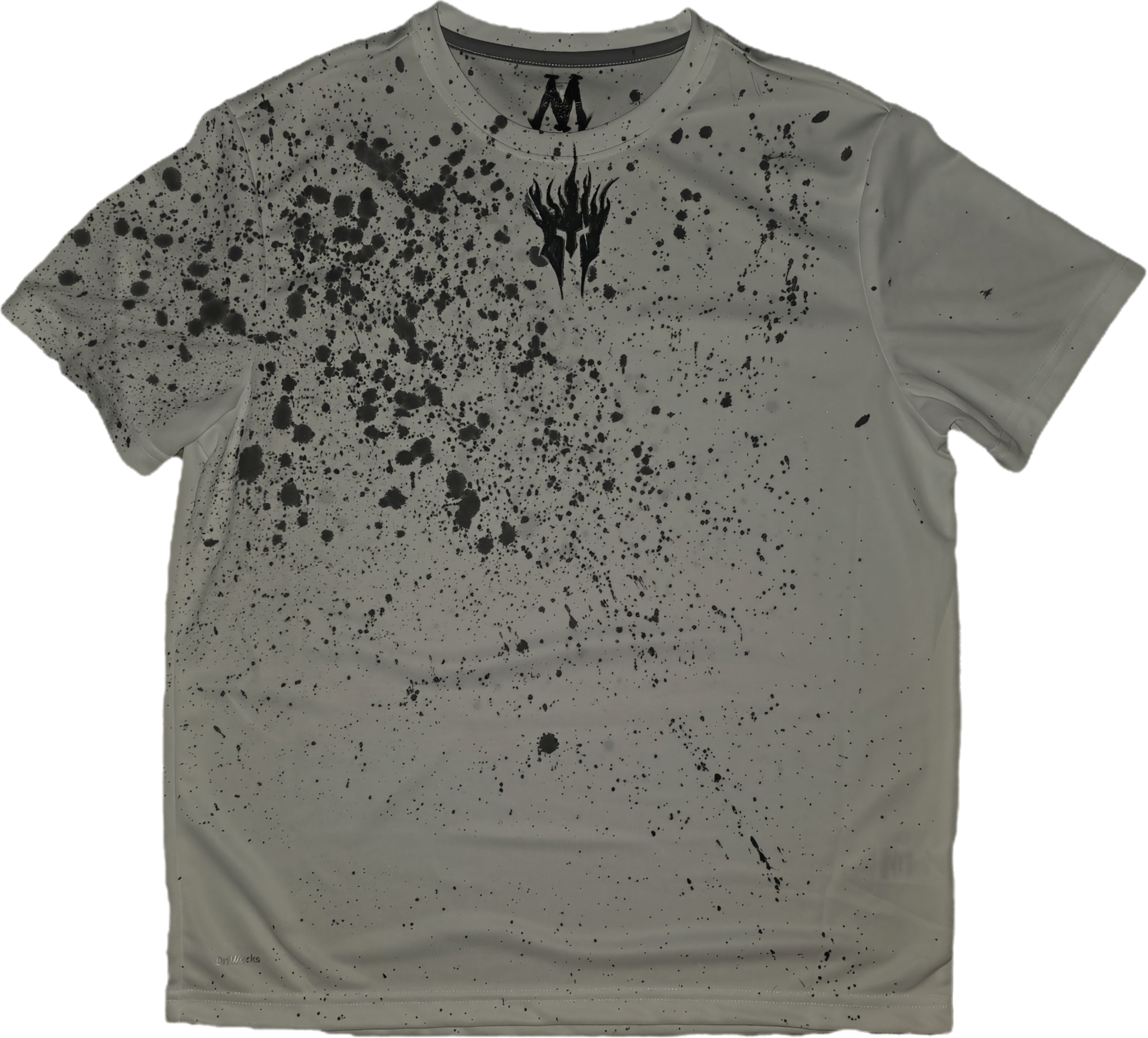 A light gray T-shirt with black scattered paint splatter design and a black emblem resembling three vertical flames or claws near the neckline.