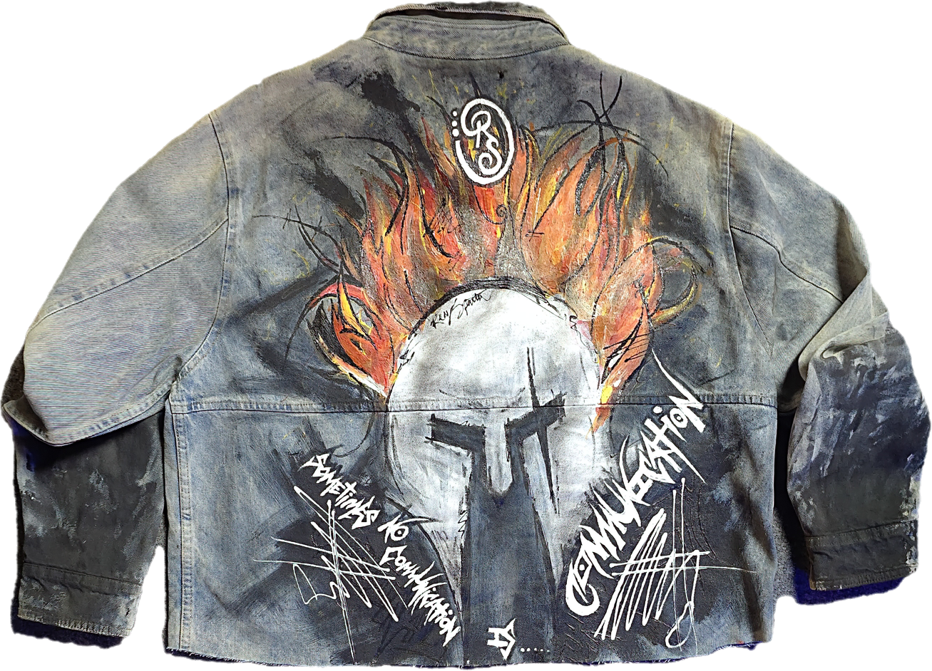 Hand-painted denim jacket featuring a flaming skull with a helmet, graffiti-style signatures, and phrases like 'GRAFFITI' and 'SAMESTYLES 16 FOOTWEARATION'