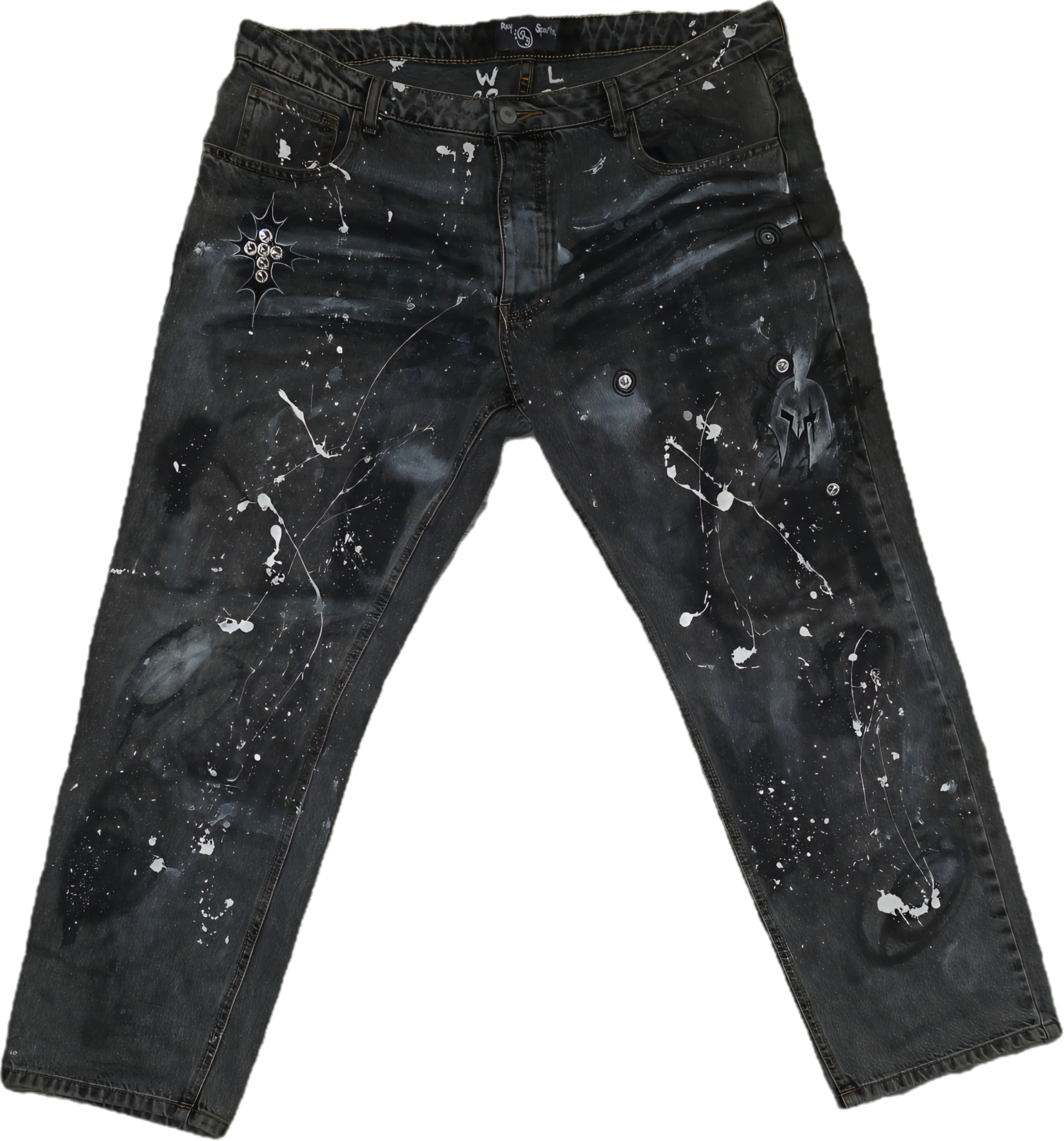 Black jeans with white splatter paint and graffiti-style designs.