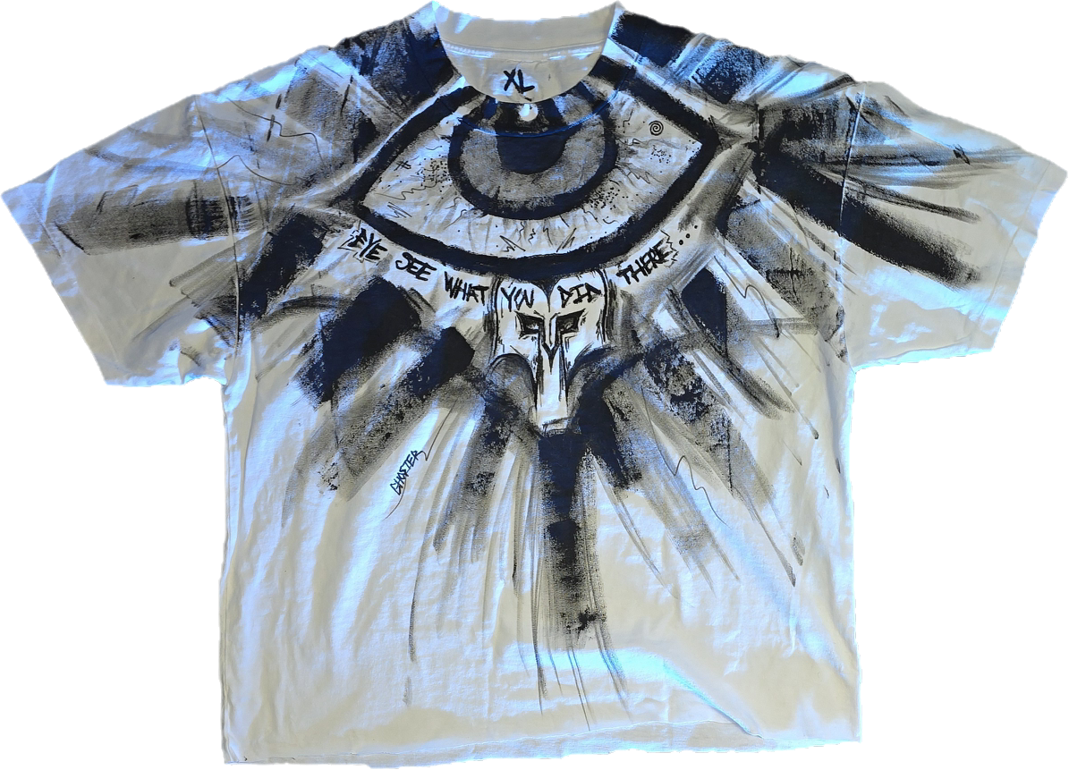 White T-shirt with abstract design featuring an eye shape and text "Eye See What You Did There."
