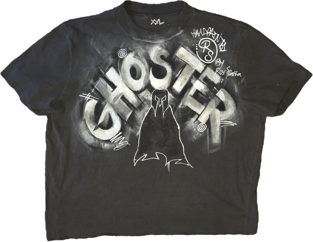 Black t-shirt with "GHOSTER" graffiti design, featuring a hooded figure illustration and white artistic accents.
