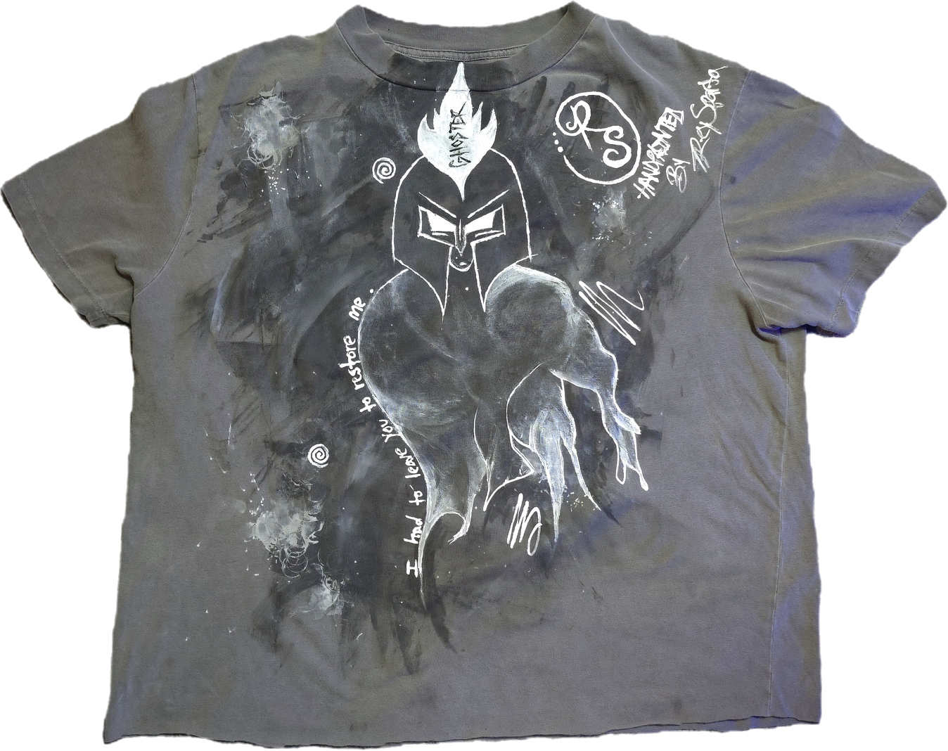 T-shirt featuring a Spartan helmet design, abstract art, and handwritten text.