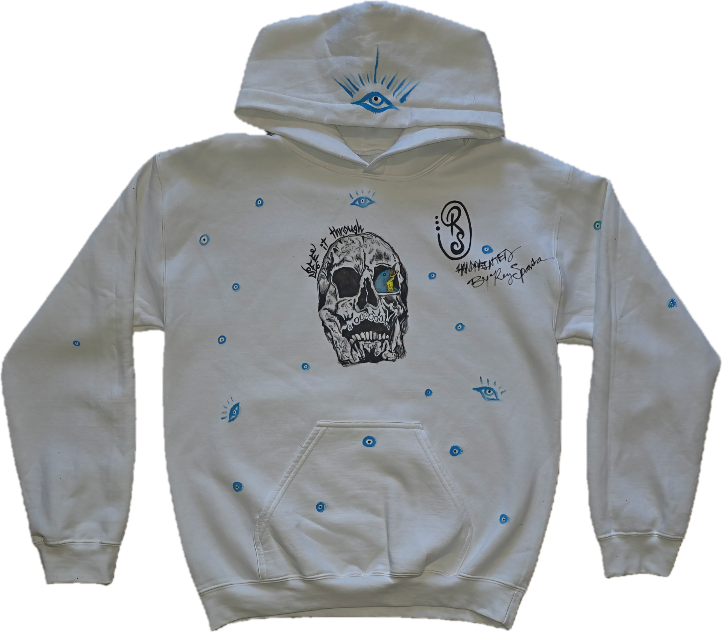 White hoodie with a skull graphic and blue eye and eye motif designs, including handwritten style script words.