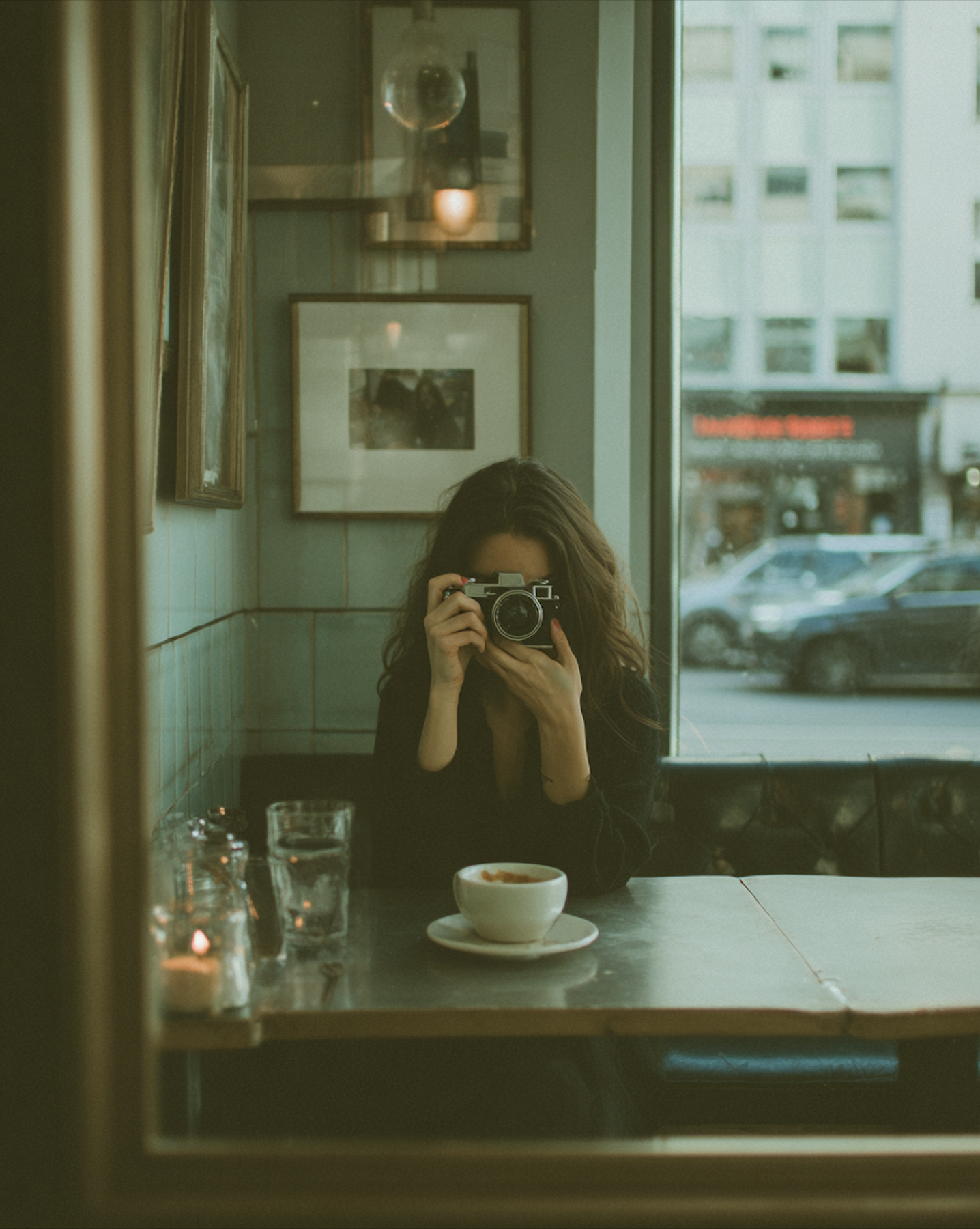 A woman taking a photo with a camera in a cafe, seen through a window reflection, with a bowl of food, a glass of water, and a candle on the table.