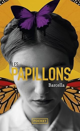 Book cover featuring a black and white portrait of a woman with a purple butterfly on her head and butterfly wings in the background, with yellow and black text.