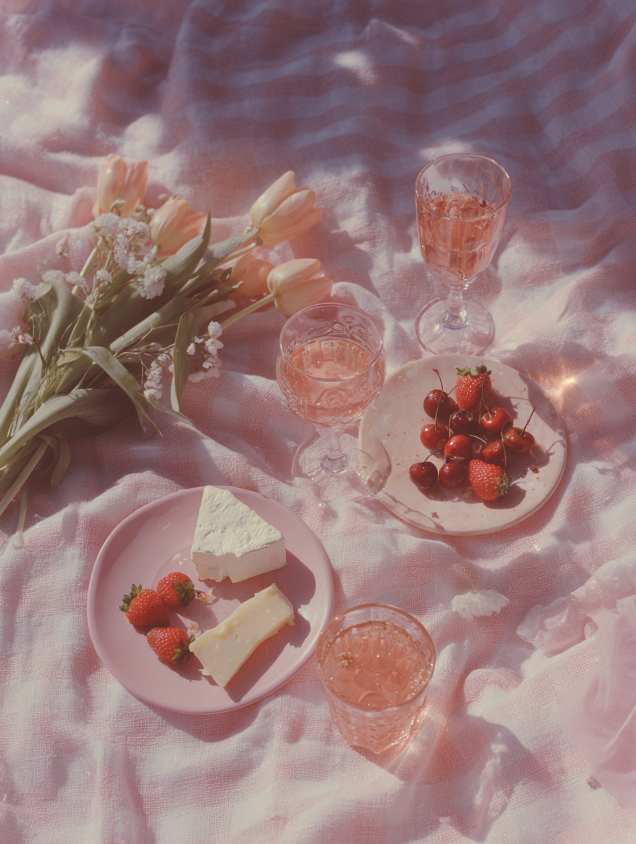 A picnic setup on a pink cloth with a bouquet of pink and white tulips, two glasses of pink sparkling drink, a plate of cherries and strawberries, and two pieces of white cheese with strawberries on a pink plate.