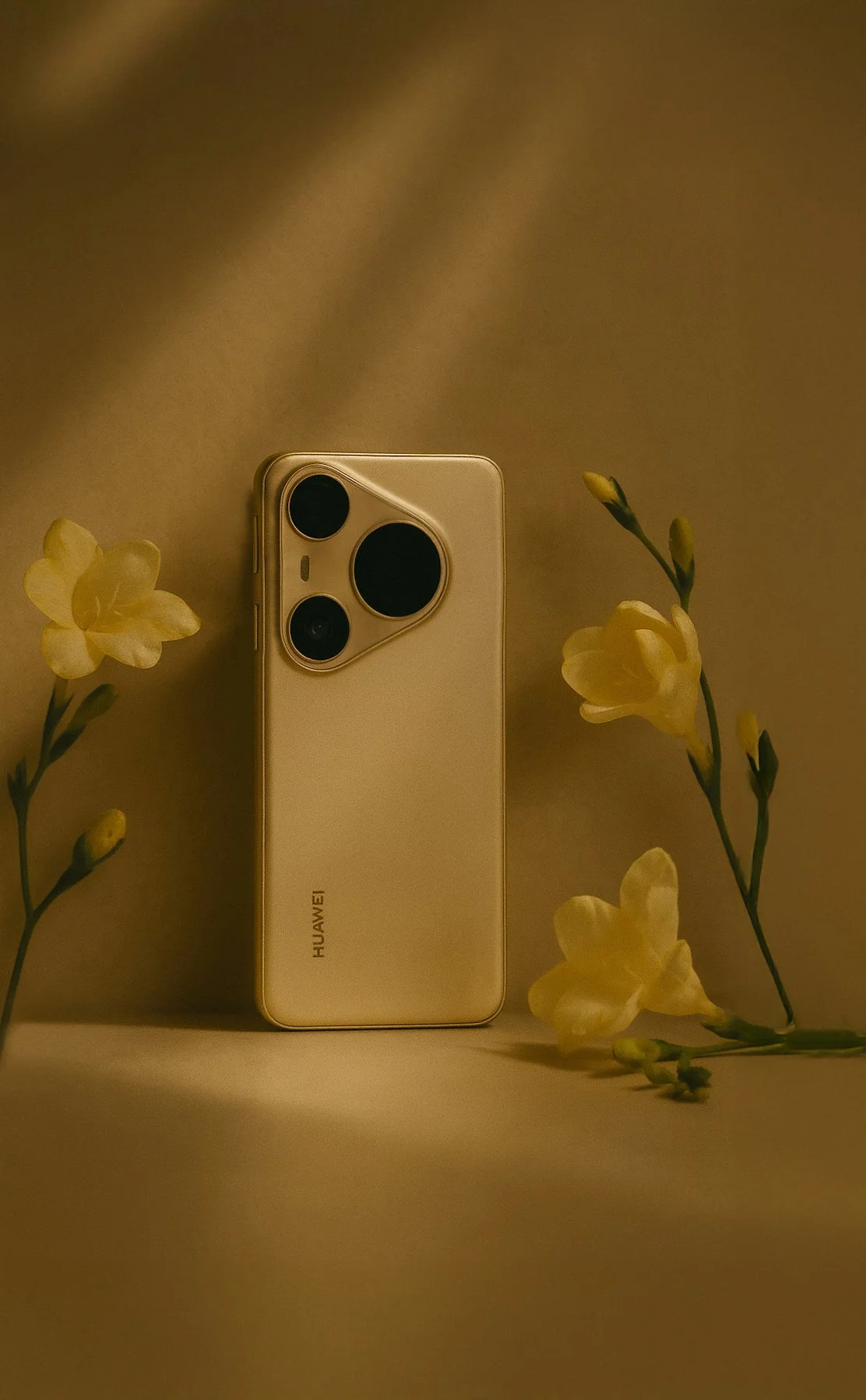A white Huawei smartphone with three camera lenses on the back, positioned upright on a surface surrounded by yellow flowers.