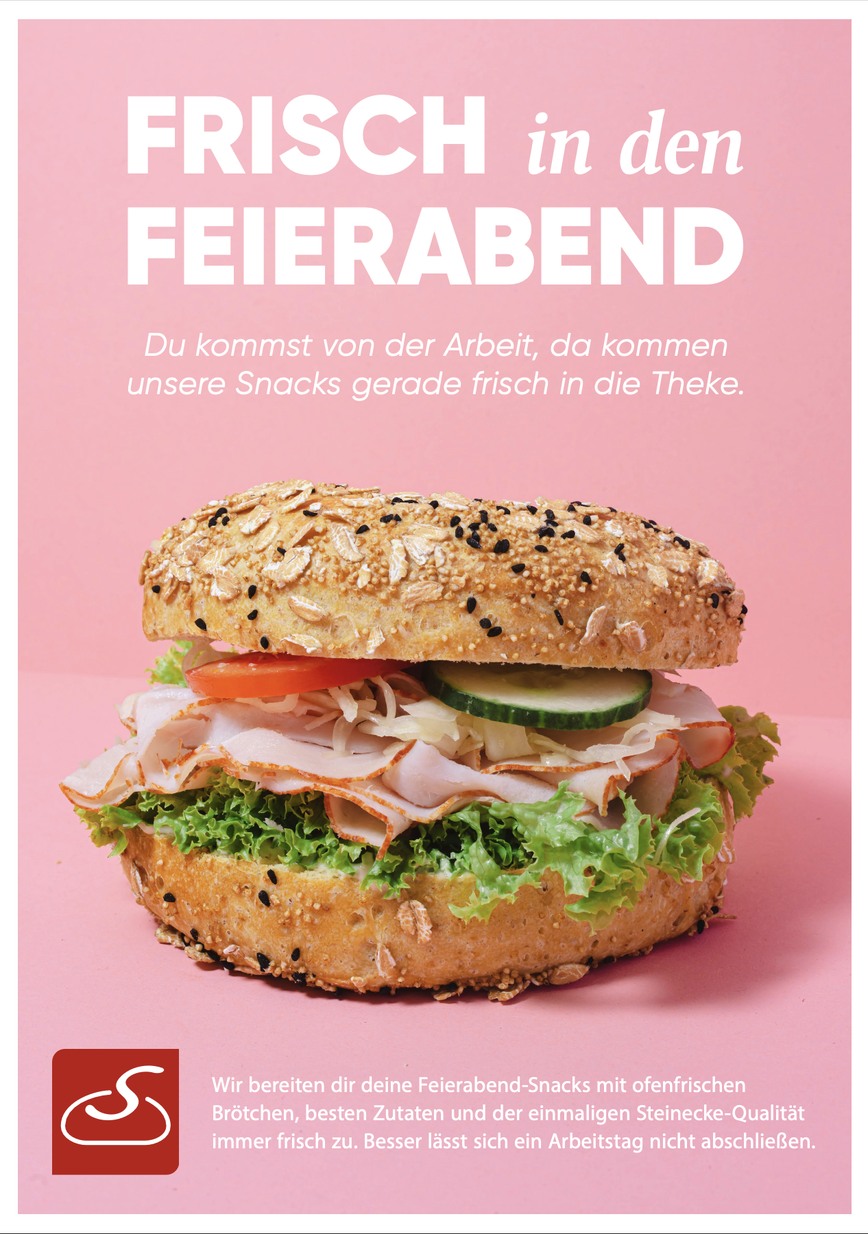 Advertisement for fresh snack sandwiches for the evening, featuring a sandwich with lettuce, tomato, sliced turkey, cucumber, and seeded bread on a pink background.