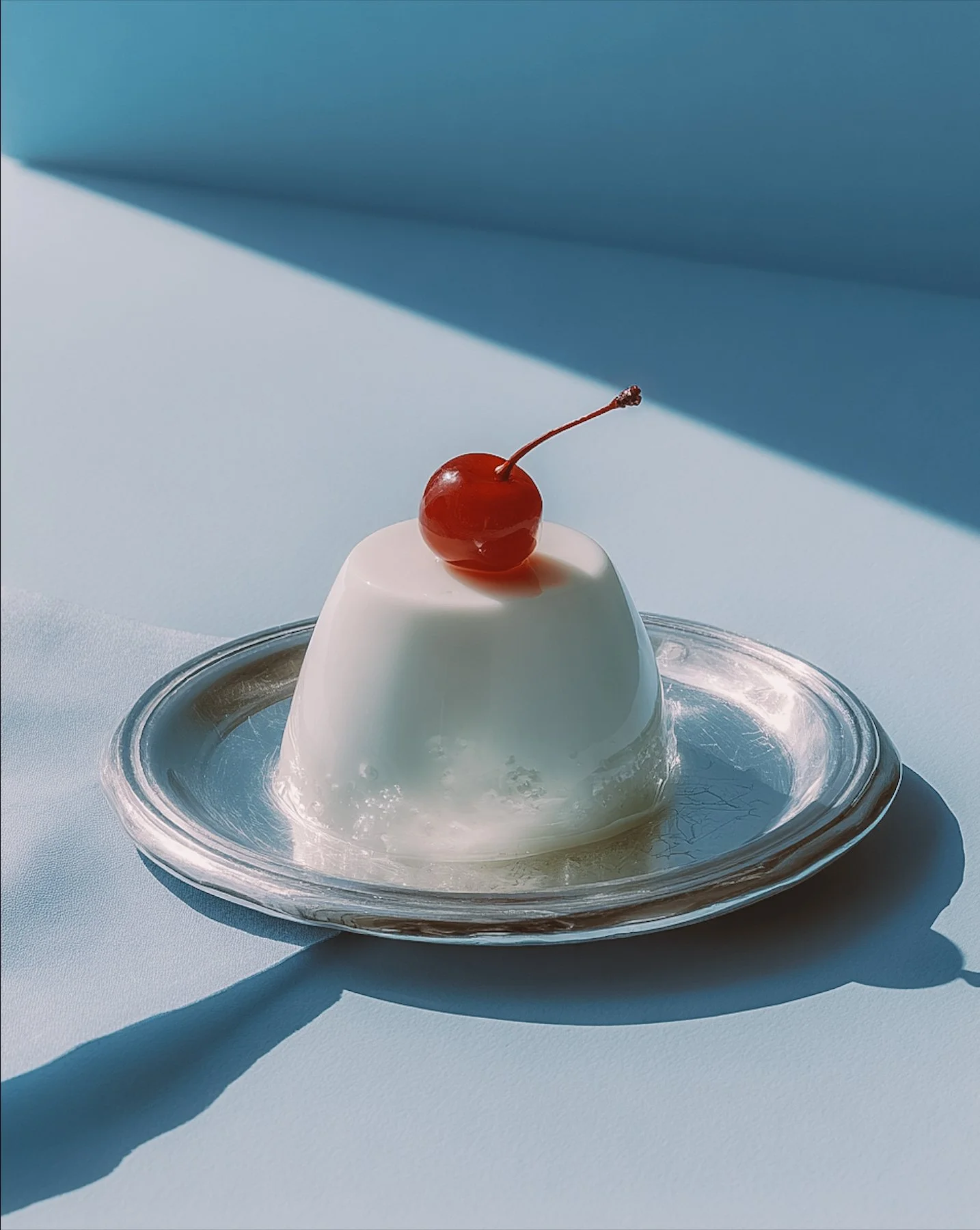 A white panna cotta dessert topped with a cherry on a silver tray, with soft shadows and a blue background.
