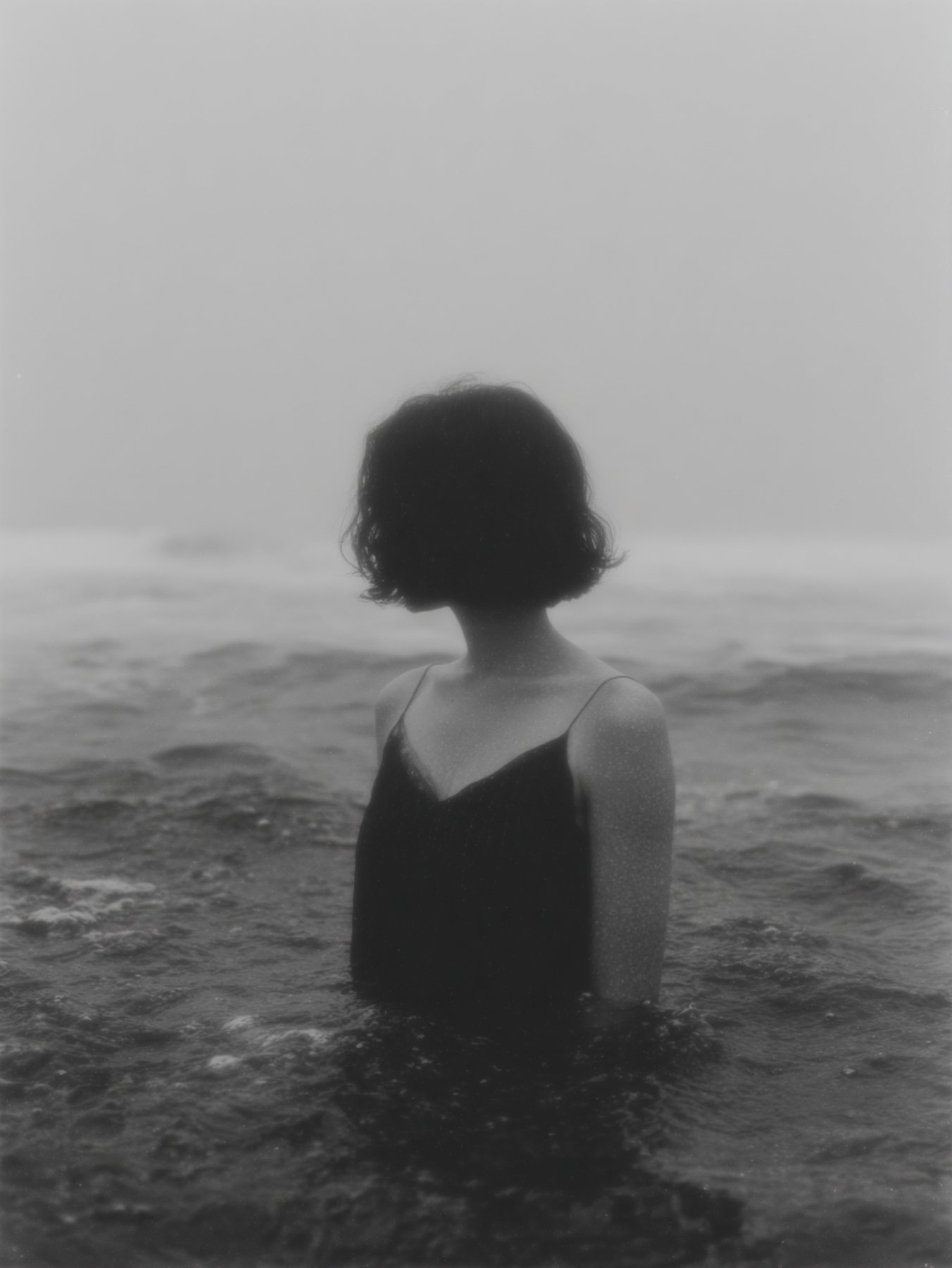 A woman with curly hair stands in the ocean, facing away from the camera, wearing a dark wet dress, with foggy or cloudy weather in the background.