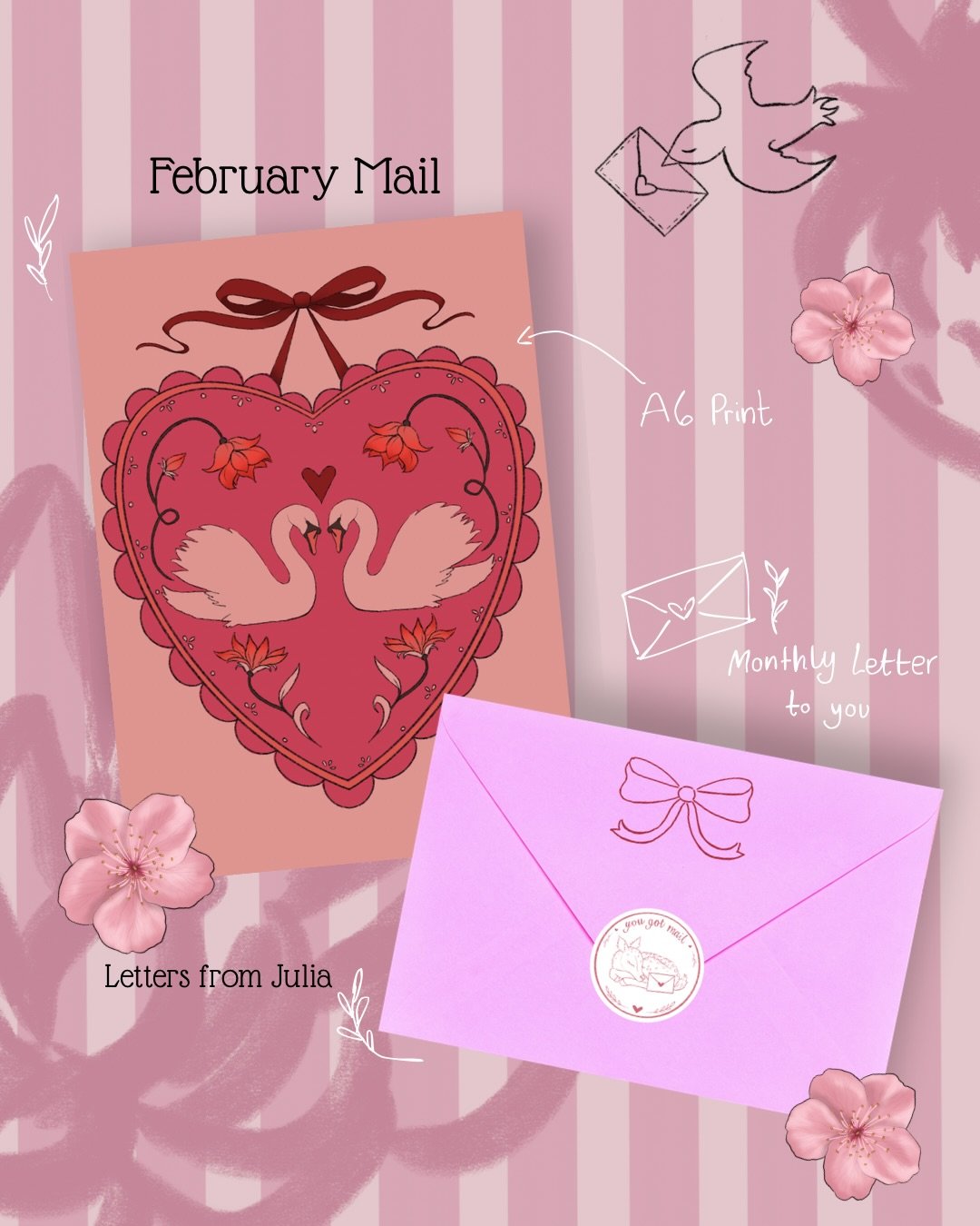 Februarys Snail Mail! I hope everyone loved their valentines card 🩷 the card is gonna be up in my online shop very soon! Join my Mail Club next Month! Just go onto my website and subscribe to Letters from Julia✨ 
.
.

Follow @paint.and.prejudice for