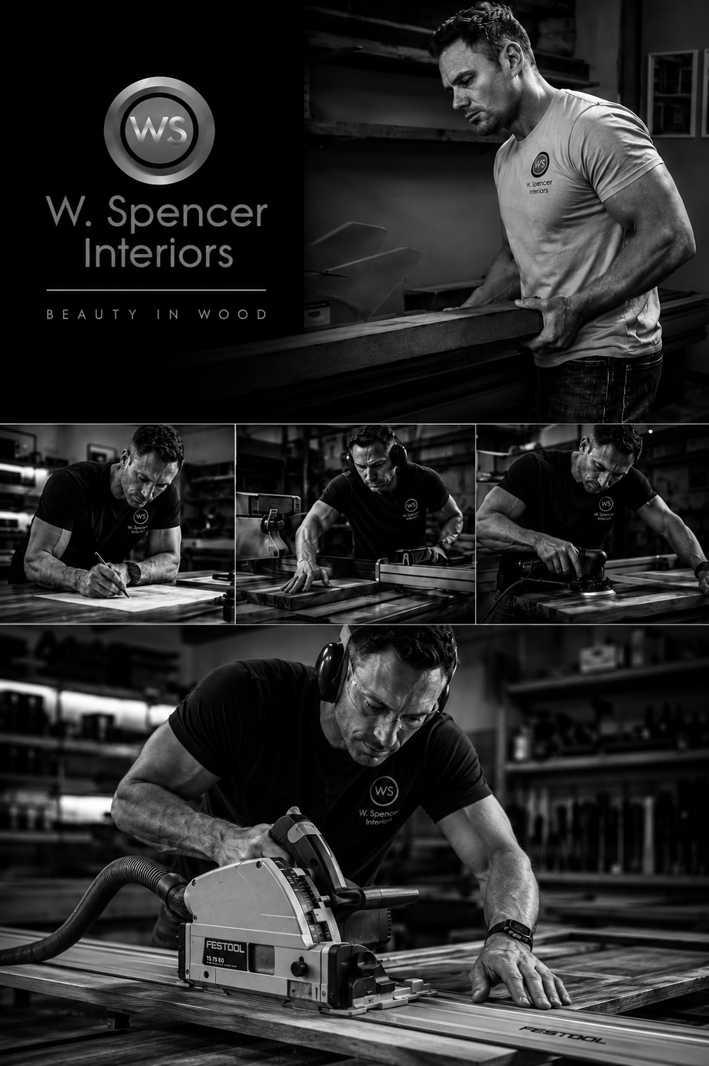 Black and white collage of a man working in a woodworking shop, featuring various images of him measuring, cutting, and processing wood, with the logo and text for W. Spencer Interiors and the tagline "Beauty in Wood."
