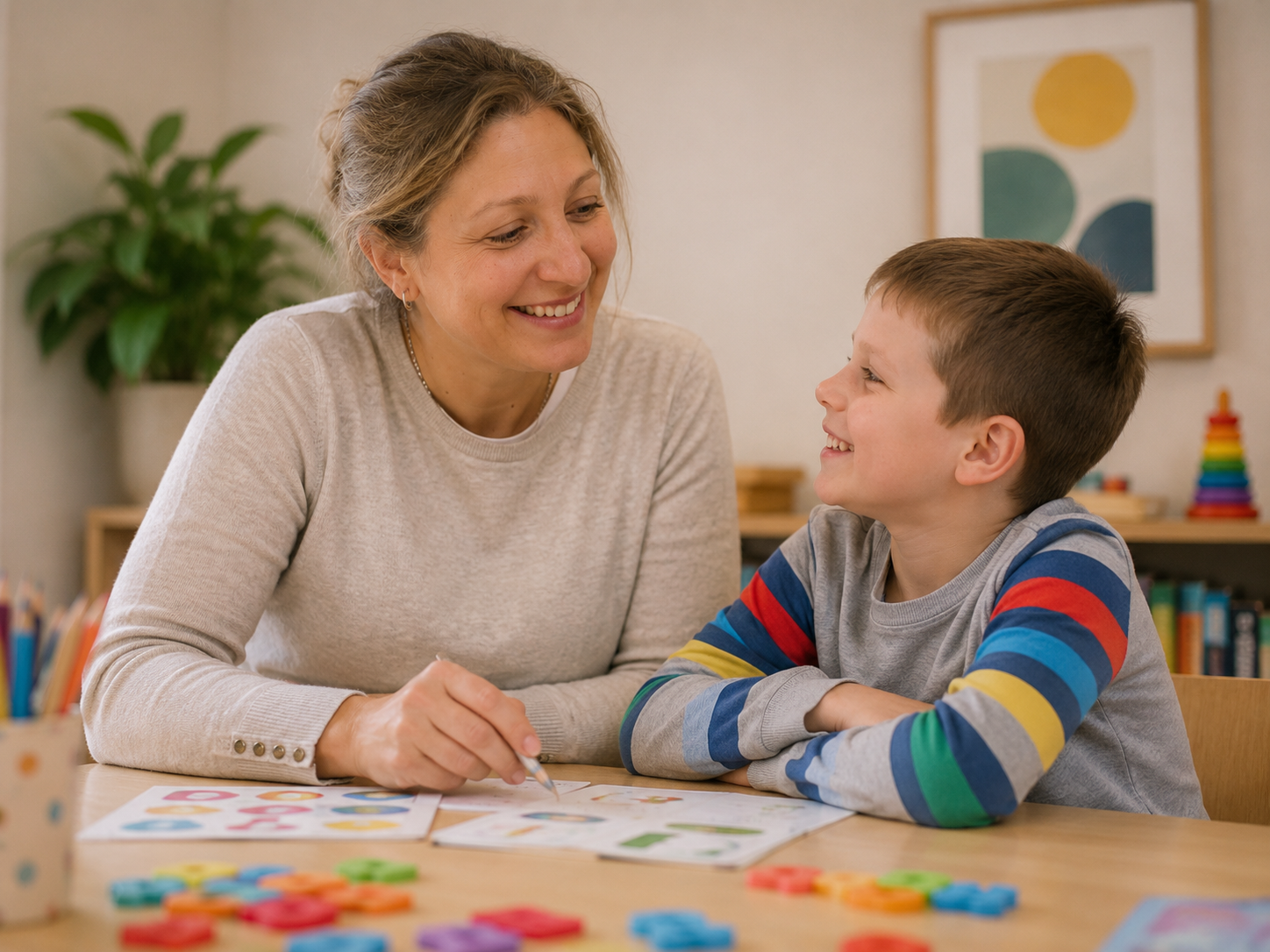 A woman and a young boy playing a game at a table, smiling at each other, with colorful game pieces and cards spread out on the table, in a room with a bookshelf and framed artwork in the background.