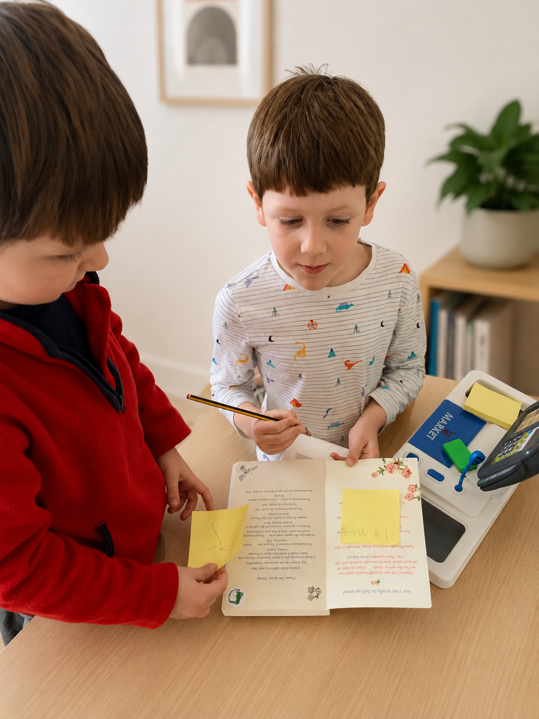 Two young boys standing at a table, reviewing a book with sticky notes, in a well-lit room with a plant and bookshelf in the background.