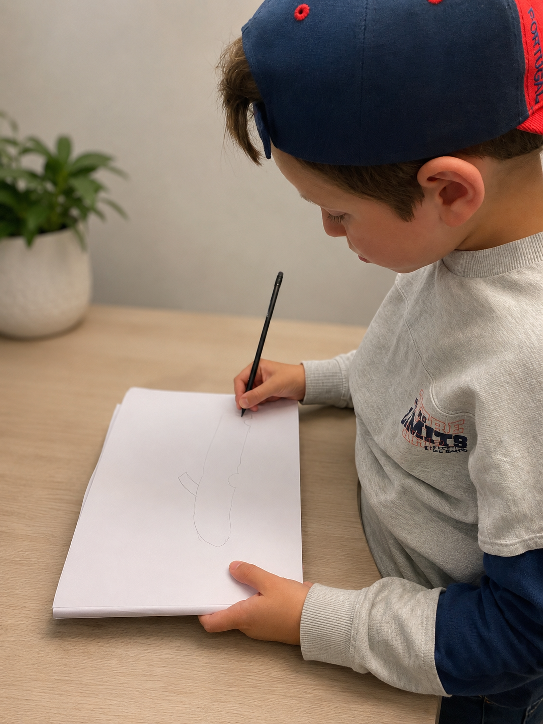 A young boy drawing on a white paper with a pencil at a wooden desk, wearing a gray sweatshirt and a blue and red cap, with a potted plant in the background.
