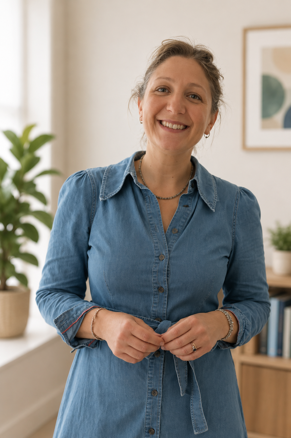 A woman with light skin and short, wavy hair smiling in a room with light-colored walls, a window, and indoor plants.