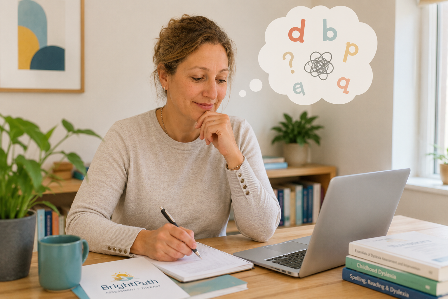 A woman sitting at a desk writing in a notebook with a laptop in front of her, a potted plant to her left, and a stack of books to her right, with a thought bubble showing letters, a question mark, and a scribble.