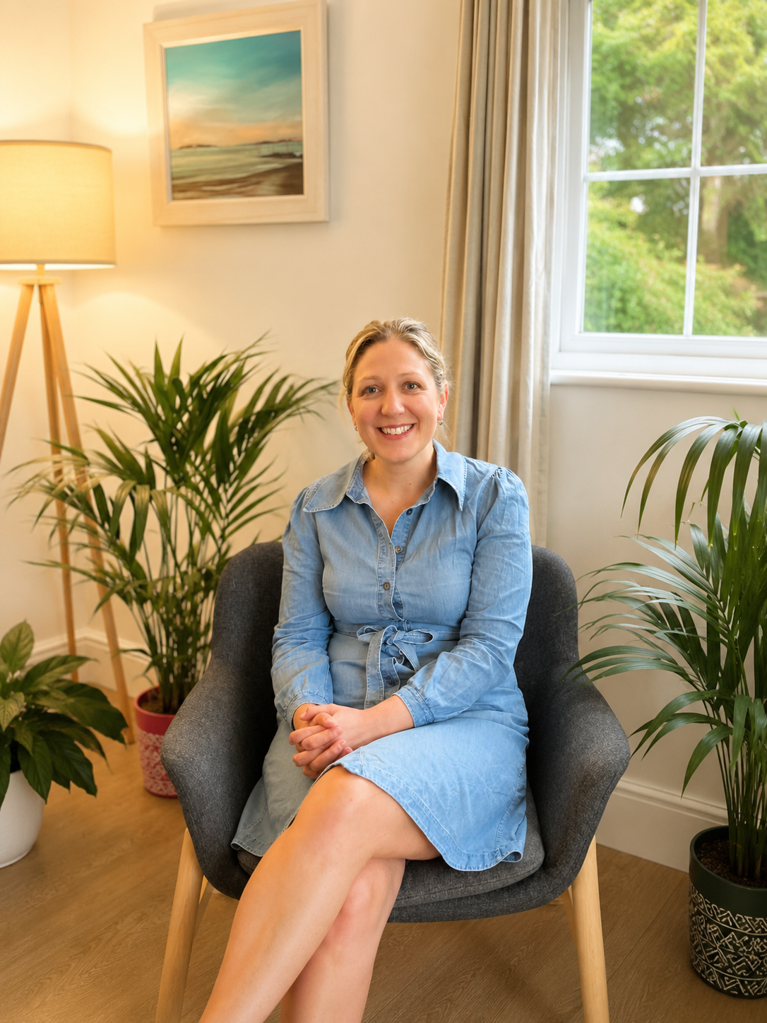 A woman with blonde hair smiling, sitting in a gray armchair in a room with a wooden floor, beige walls, a large window with cream curtains, potted plants, a lamp, and a framed landscape painting.