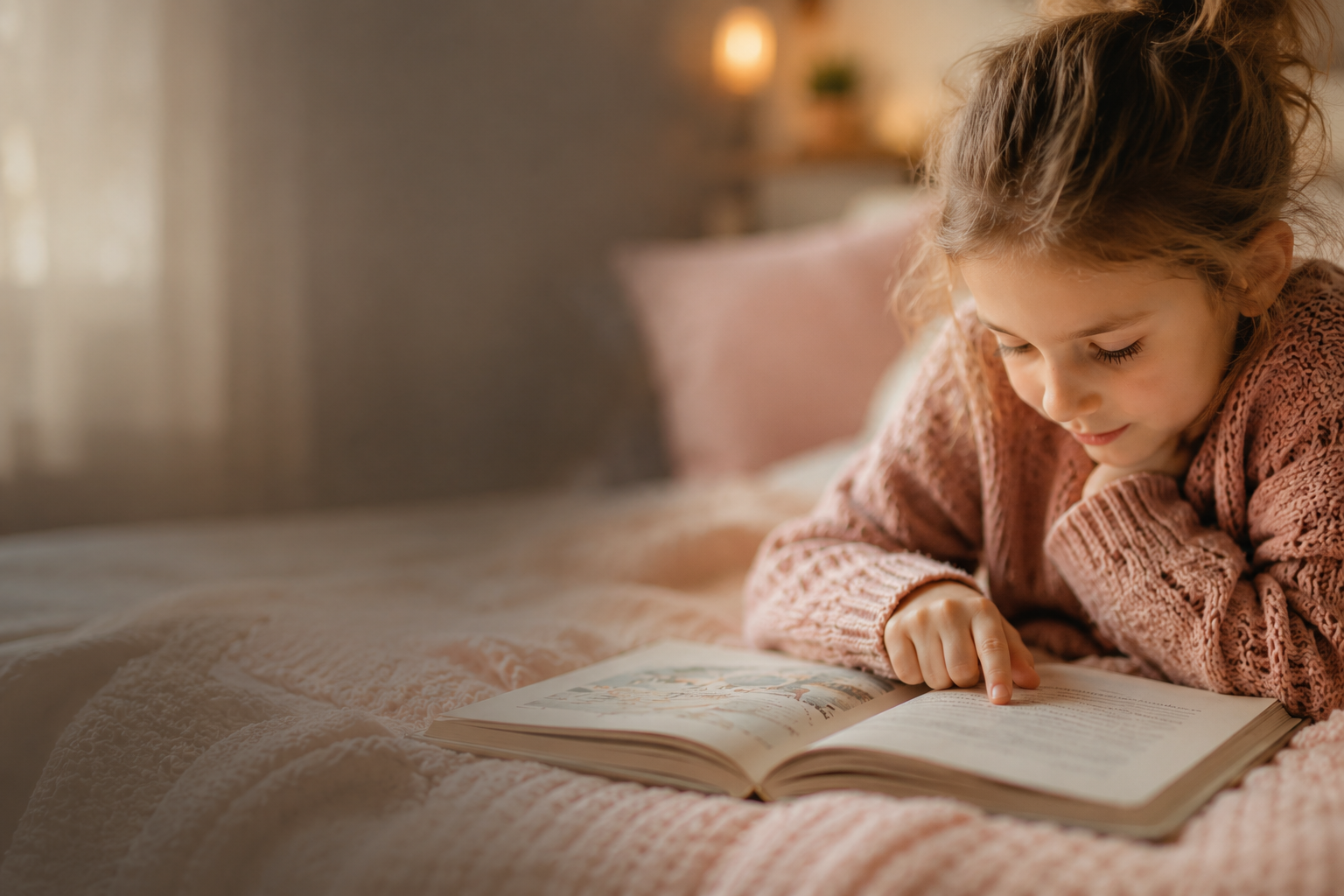 A young girl with curly hair lying on a bed, reading a book, with soft warm lighting in the background.