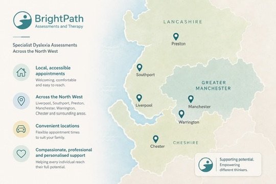 Map of Northwest England showing locations for BrightPath Dyslexia Assessments, including Preston, Southport, Liverpool, Warrington, Chester, and Manchester, with icons for accessible appointments, convenient locations, and personalized support.