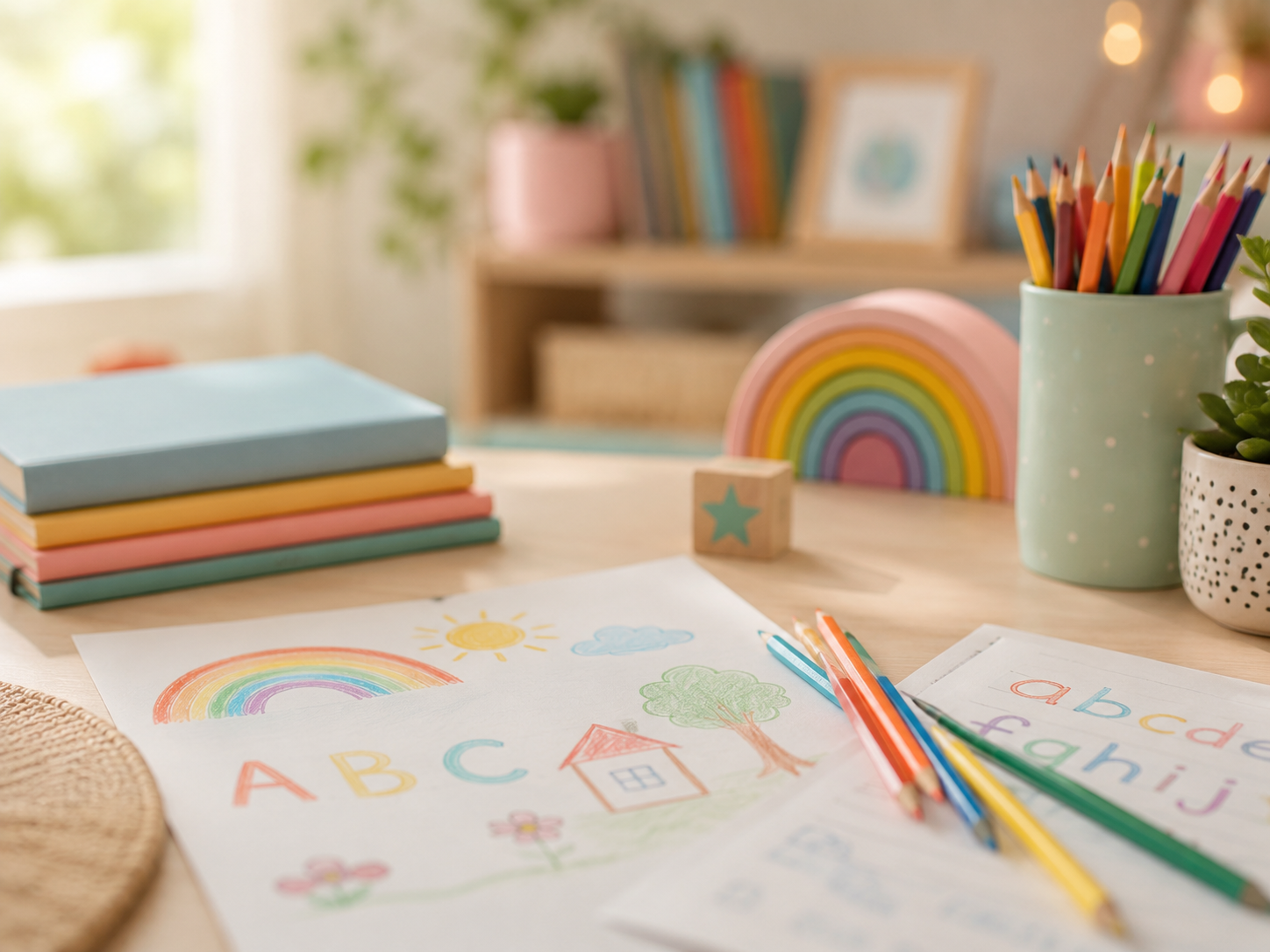 Colorful children's art supplies including colored pencils, drawings of rainbows, flowers, and alphabet letters on paper, with books and decorative items in the background.