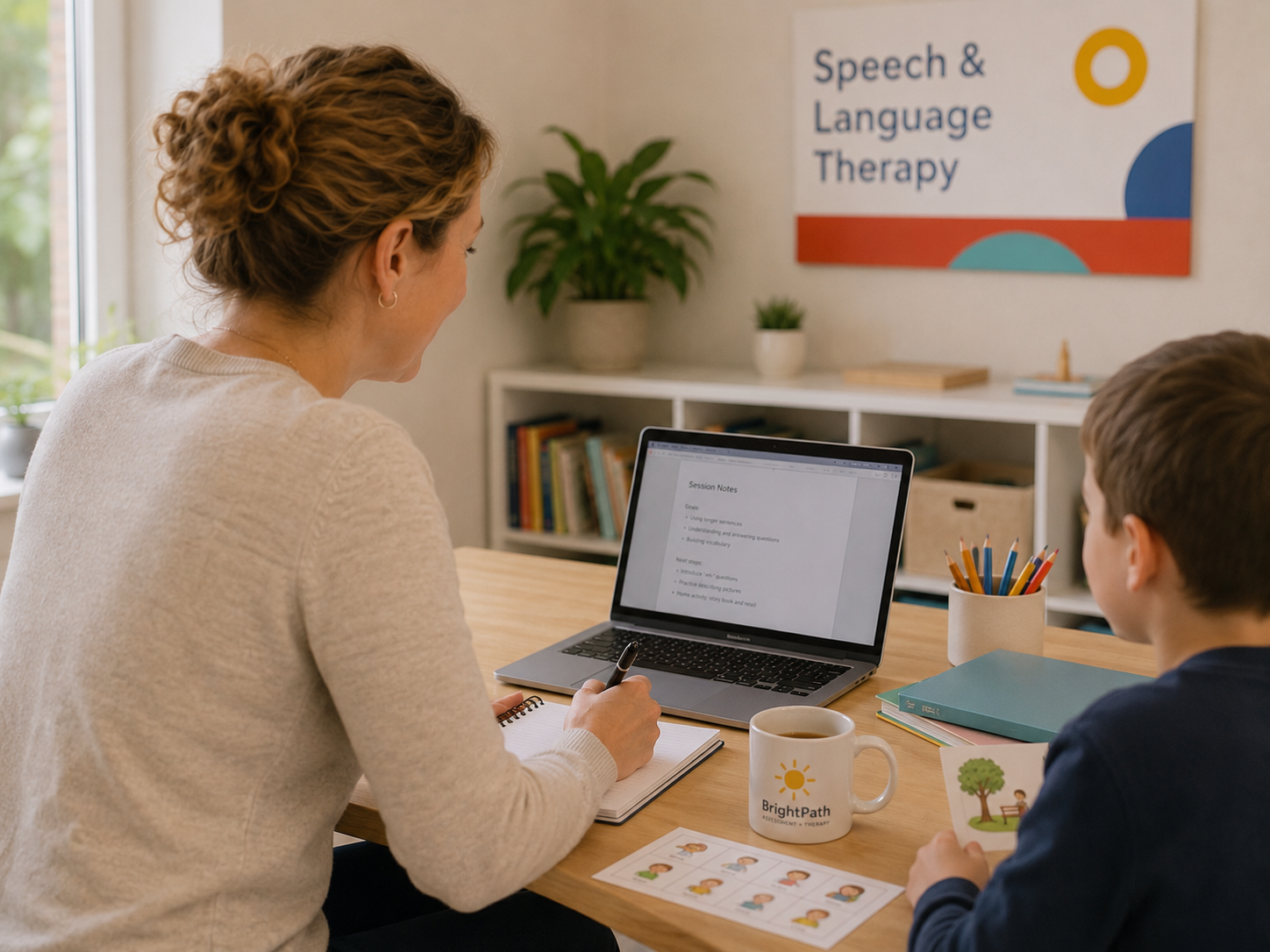 A woman and a boy sitting at a wooden table during speech and language therapy session. The woman has curly hair and is writing in a notepad, while the boy has short hair and is looking at a picture. There is a laptop, a mug with a BrightPath logo, and a container of colored pencils on the table. A bookshelf and a colorful sign that reads 'Speech & Language Therapy' are in the background.