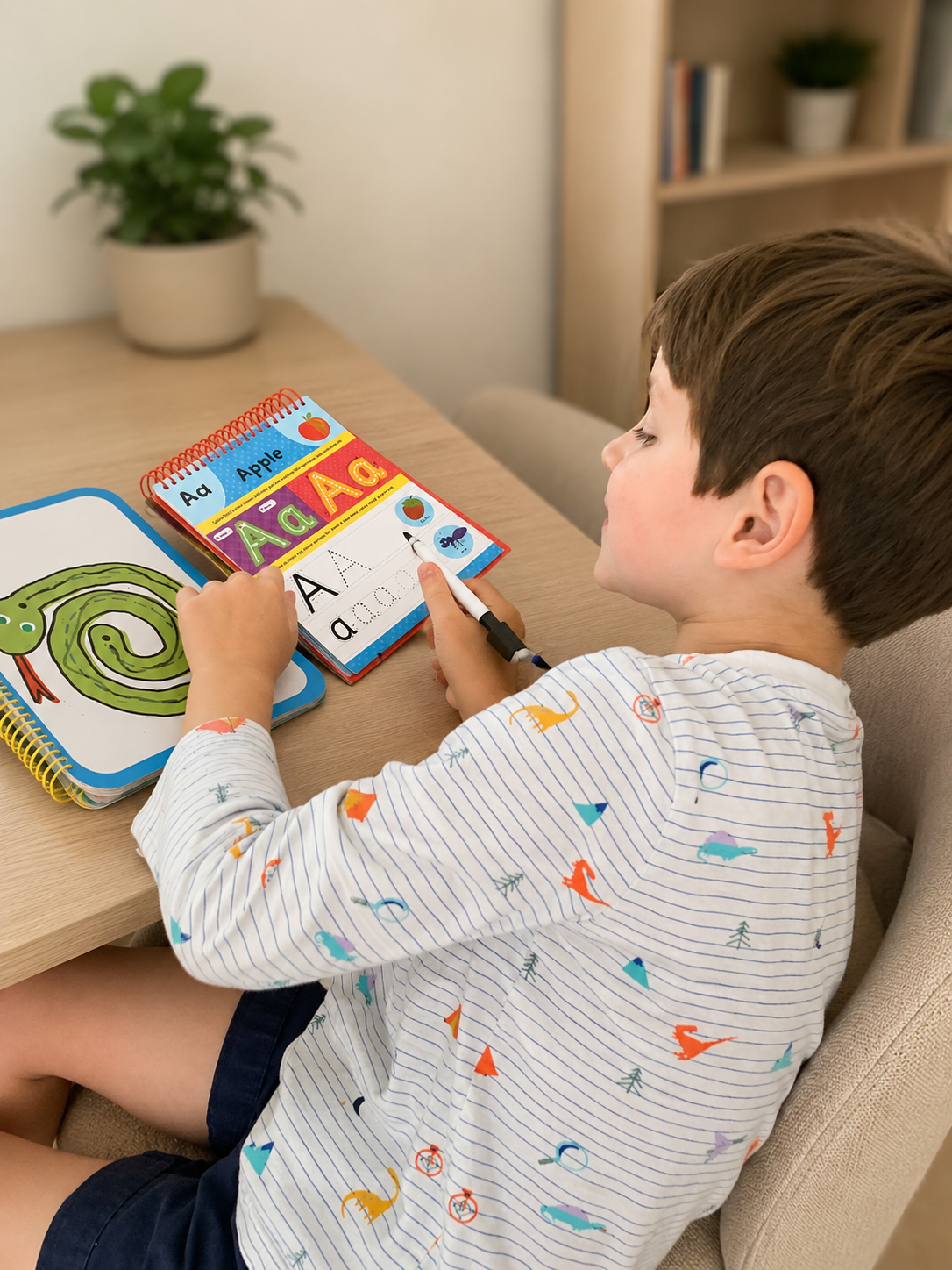 Child practicing letter A on educational workbook with pictures of apples and ants on the table.