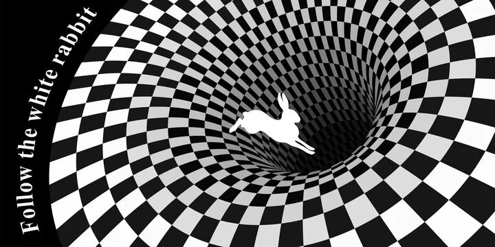 Illustration eines schwarzen und weißen checkered Tunnels mit springendem weißen Hasen in der Mitte und Text 'Follow the white rabbit' an der Seite