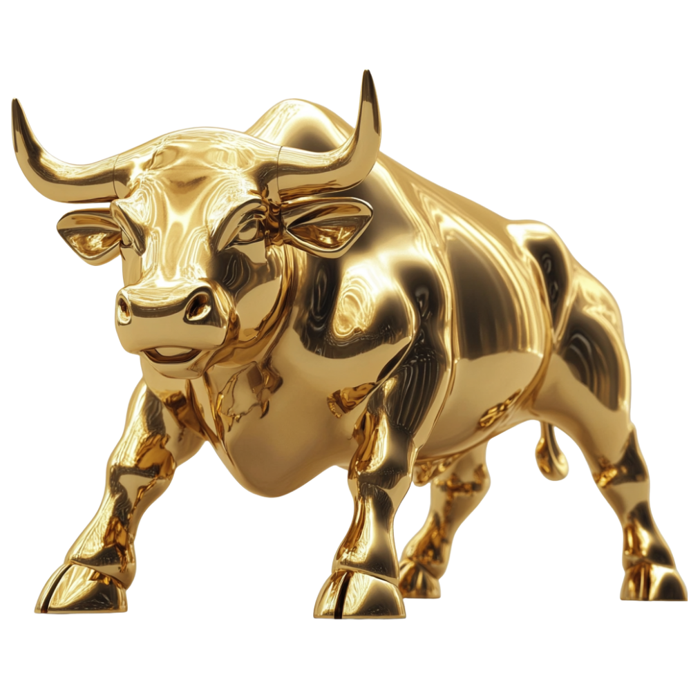 Eine goldene Stier-Statue, das Mindset einen optimistischen und erfolgreichen Investors. Auf steigende Aktienkurse setzen. Gewinne erzielen.