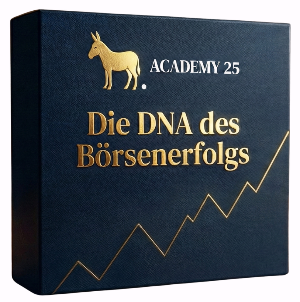 Ein dunkles Buchcover mit goldener Besetung, zeigt einen goldenen Esel, den Titel 'Die DNA des Börsenerfolgs' und eine aufsteigende Börsenkurve.