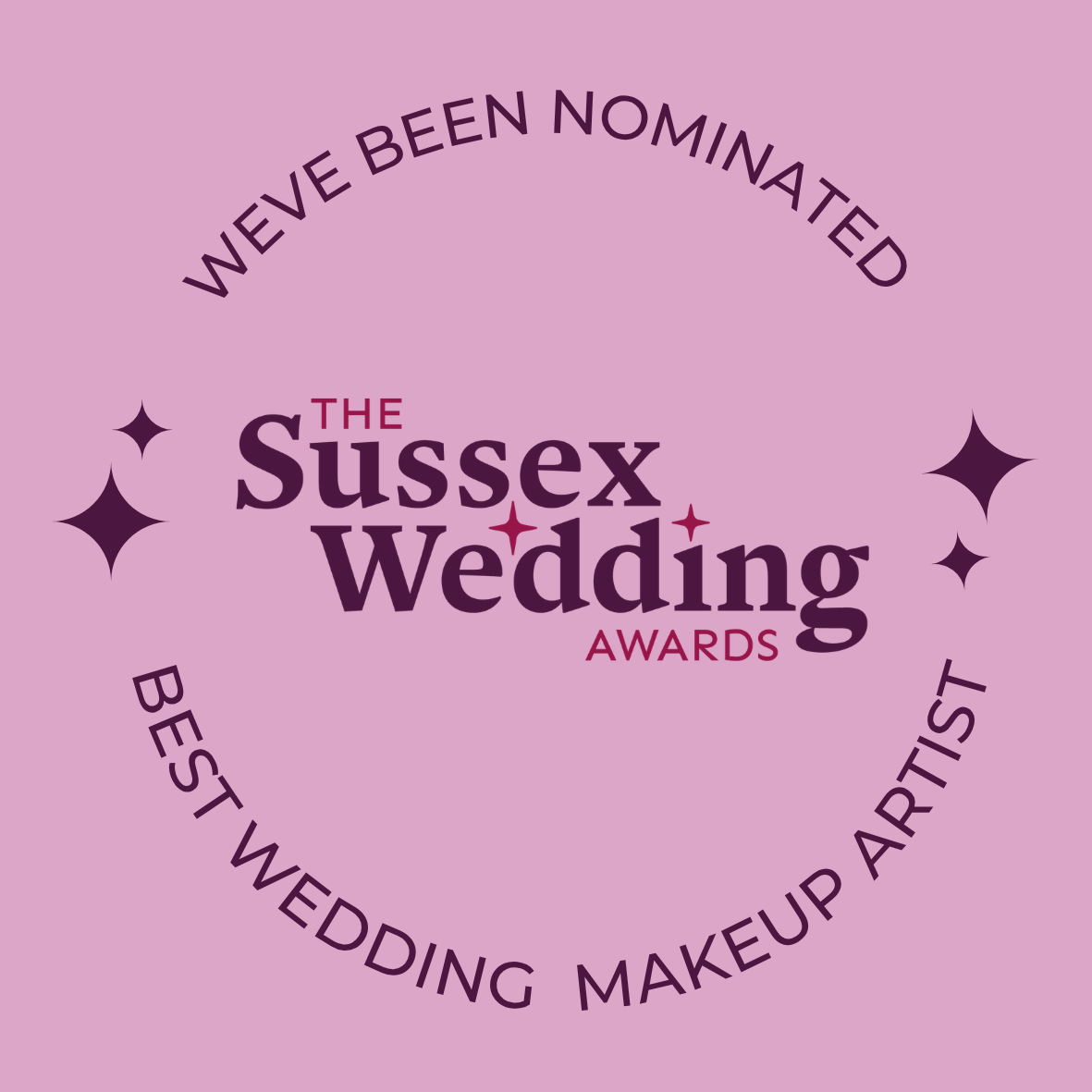 A circular award badge with the text "We’ve been nominated" at the top and "Best wedding makeup artist" at the bottom, surrounding the central text "The Sussex Wedding Awards" on a light pink background.