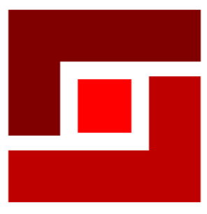 Abstract geometrisch ontwerp met rode en zwarte vierkanten en lijnen in een matige compositie.