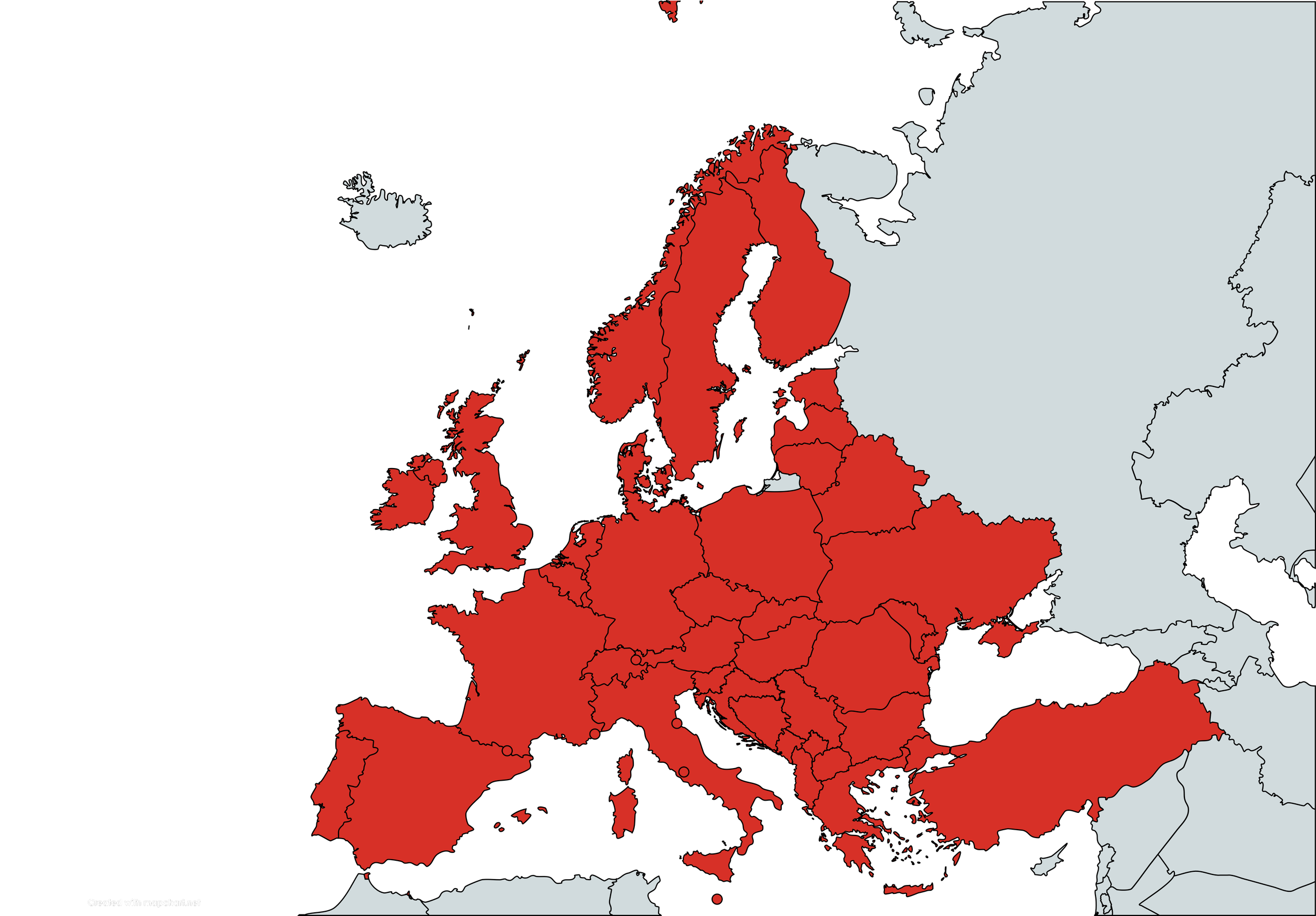 Kaart van Europa met landen in rood, andere landen in grijs.