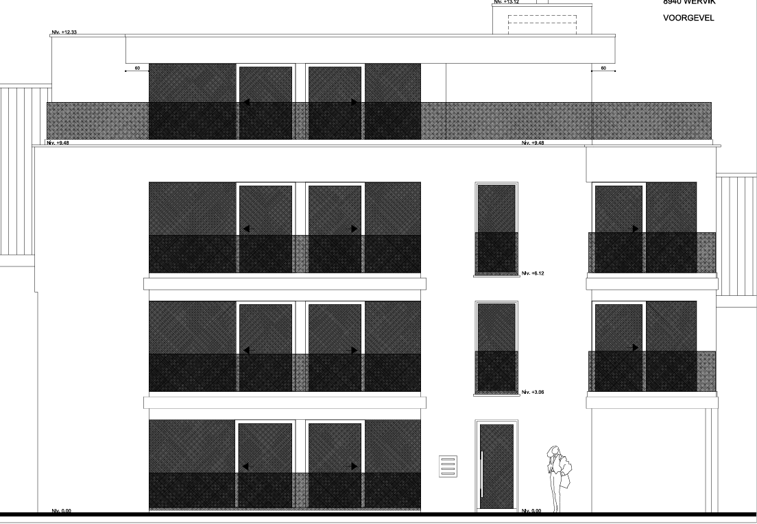 Een zwart-wit tekening van een modern appartementencomplex met meerdere verdiepingen en balkons, langs een stoep met een persoon met een rugzak.