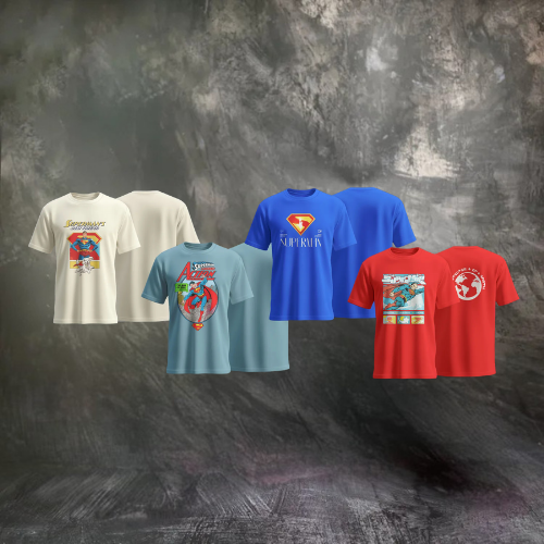 Collection of Superman-themed pins, buttons, keychains, and a water bottle on a blue background.