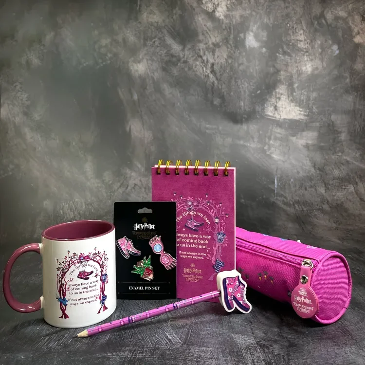 Harry Potter-themed merchandise including a white mug with pink handle and Harry Potter quote, an exam pin set, a pink notepad, a pink pencil, a pink zippered pencil case, and a pink Harry Potter keychain against a textured gray background.