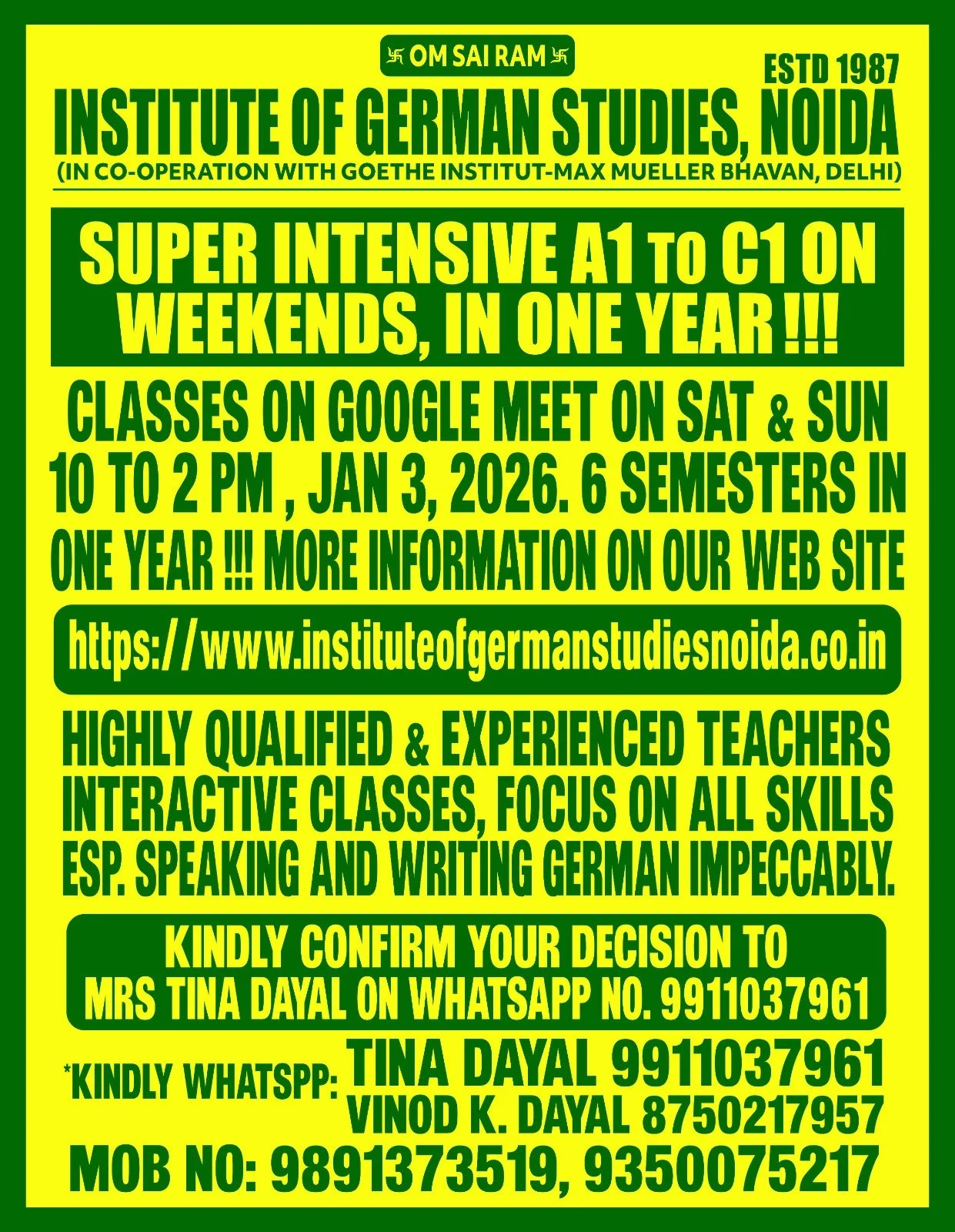 Advertisement for German language courses at the Institute of German Studies in Noida, highlighting intensive classes from A1 to C1 levels with online classes on weekends and contact details.