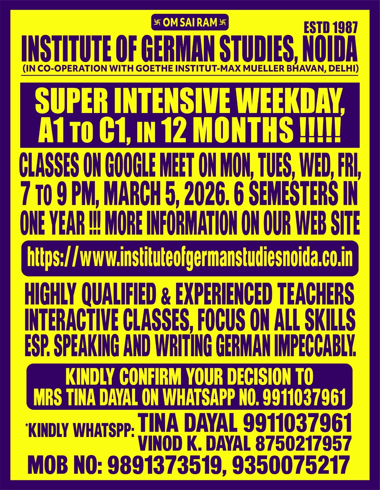 Advertisement poster for the Institute of German Studies in Noida, highlighting intensive courses in German language, with details about classes, teachers, and contact information.